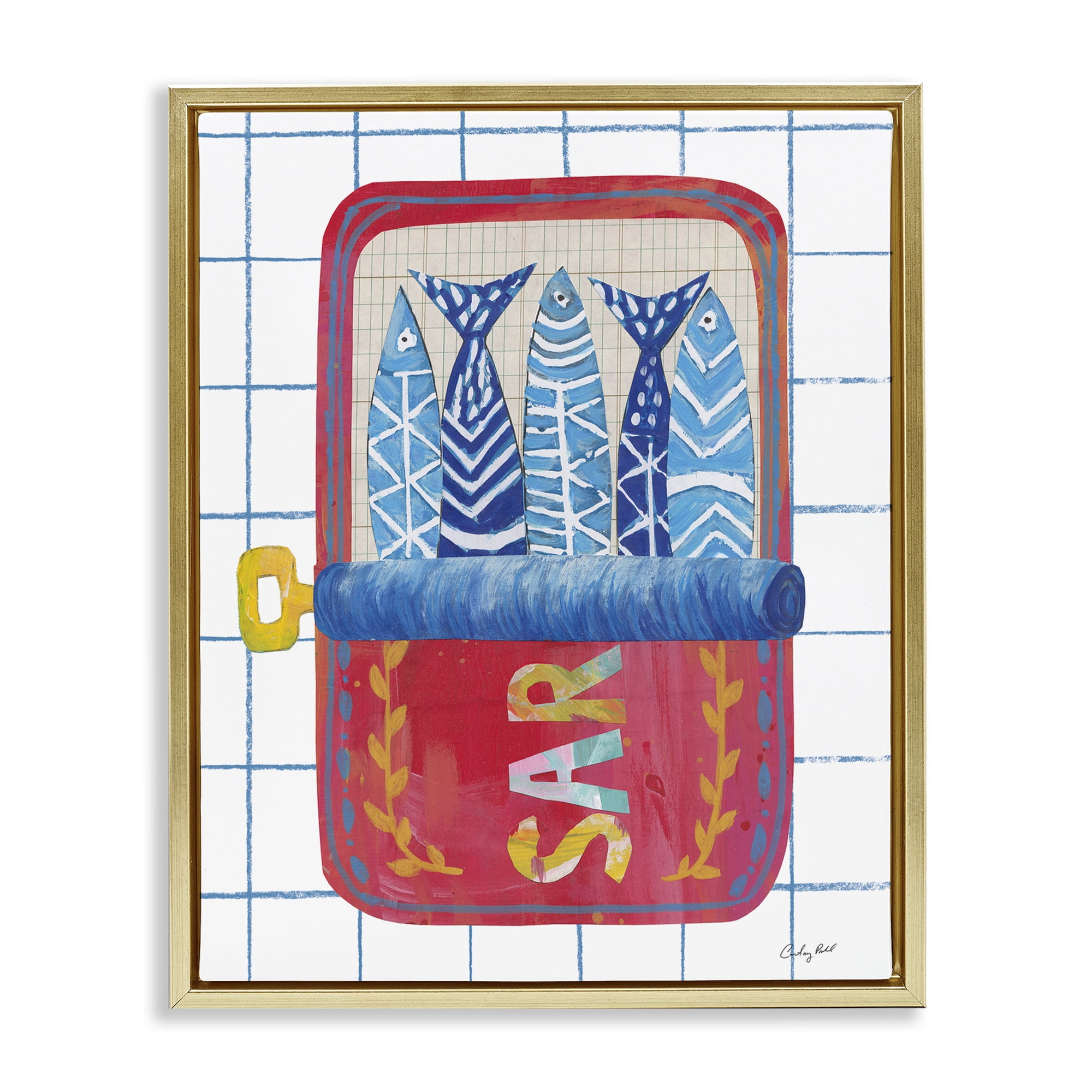 Stupell Industries Silly Sardines Red Tin Gold Framed Floater Canvas Wall Art, design by Courtney Prahl
