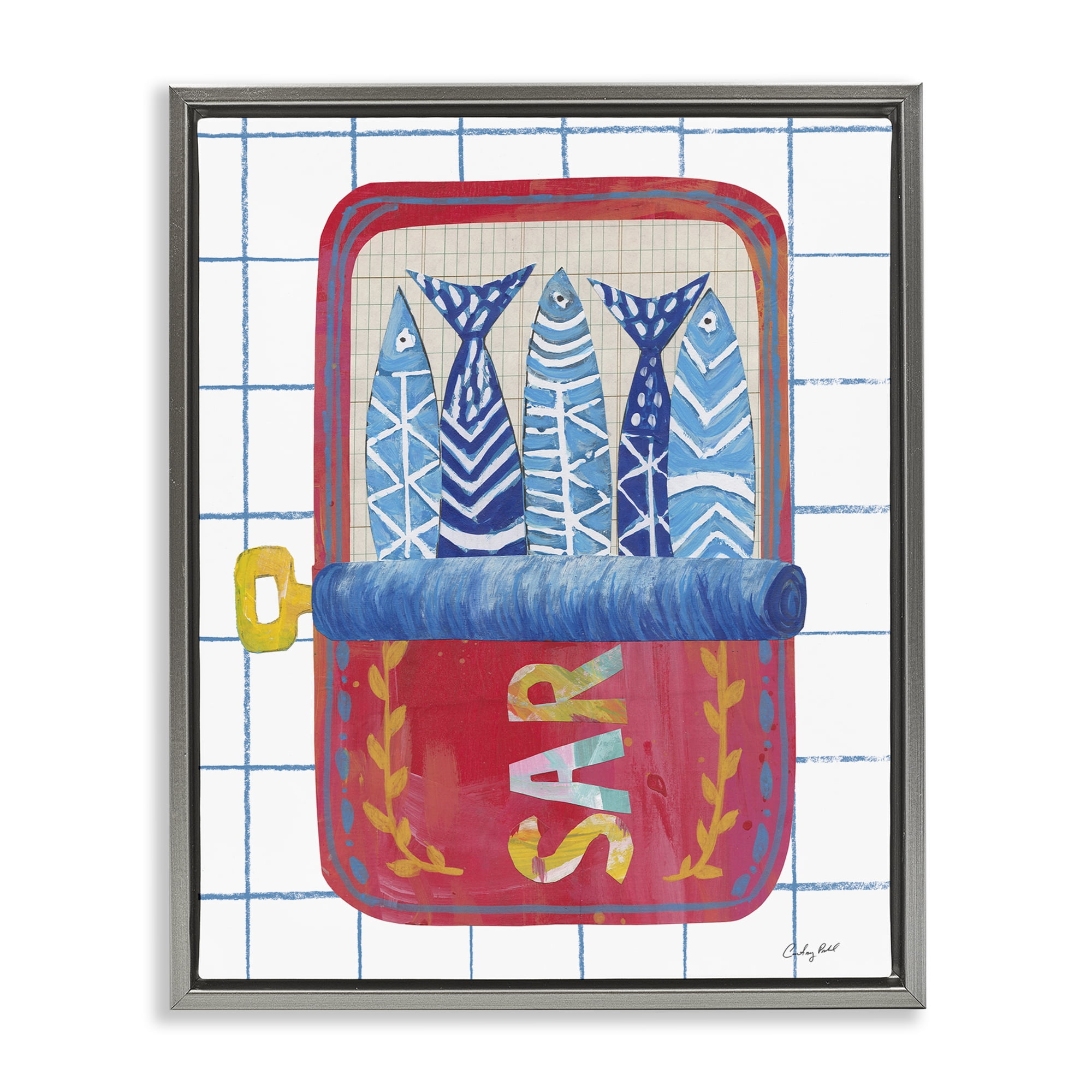 Stupell Industries Silly Sardines Red Tin Gray Framed Floater Canvas Wall Art, design by Courtney Prahl