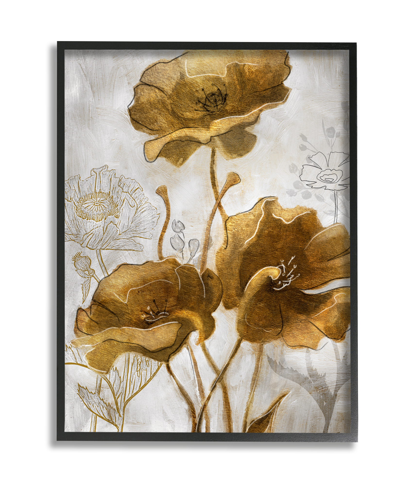 Stupell Industries Silver and Gold Poppies Abstract Flower Field Black Framed, 24 x 30, Design by Studio W