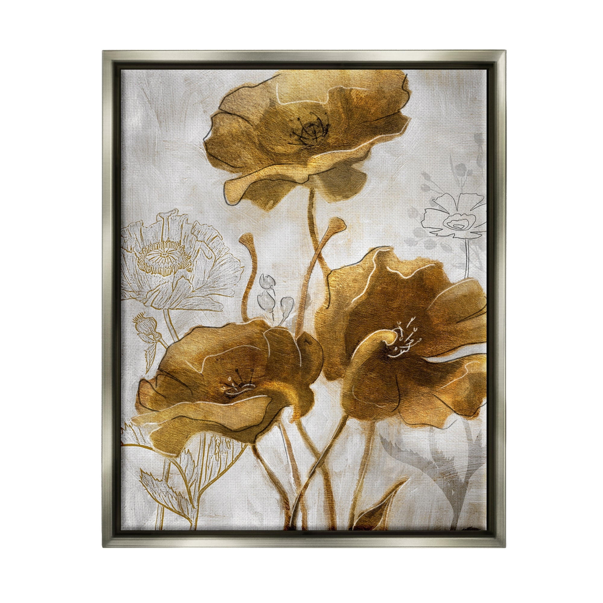 Stupell Industries Silver and Gold Poppies Abstract Flower Field Luster Gray Framed Floating Canvas Wall Art, 16x20, by Studio W