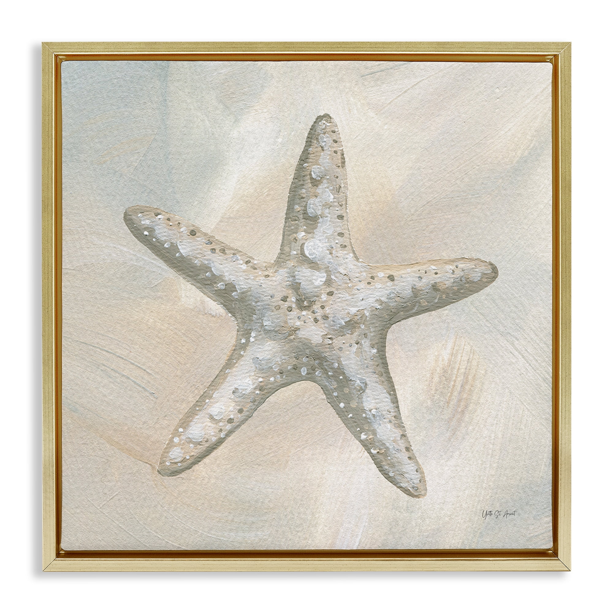 Stupell Industries Simple Beige Starfish Coastal Painting Gold Floater Framed Canvas Art Print Wall Art, 18 x 18