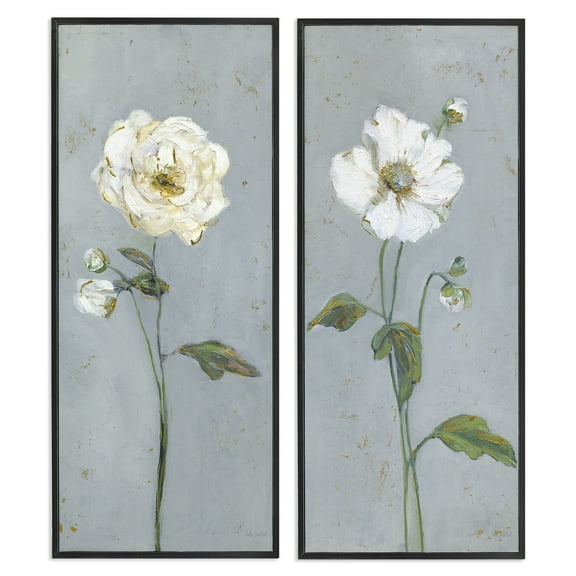 Stupell Industries Simple Blossom on Grey Floral Painting Black Framed Art Print Wall Art, 10 x 24, Set of 2