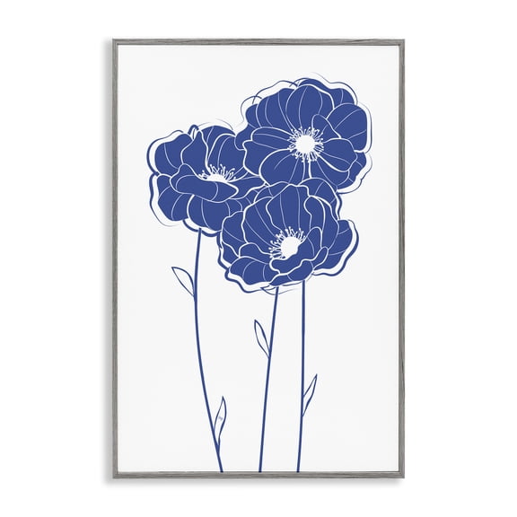 Stupell Industries Simple Blue Blooms Trio Floral Painting Gray Framed Art Print Wall Art, 12 x 18