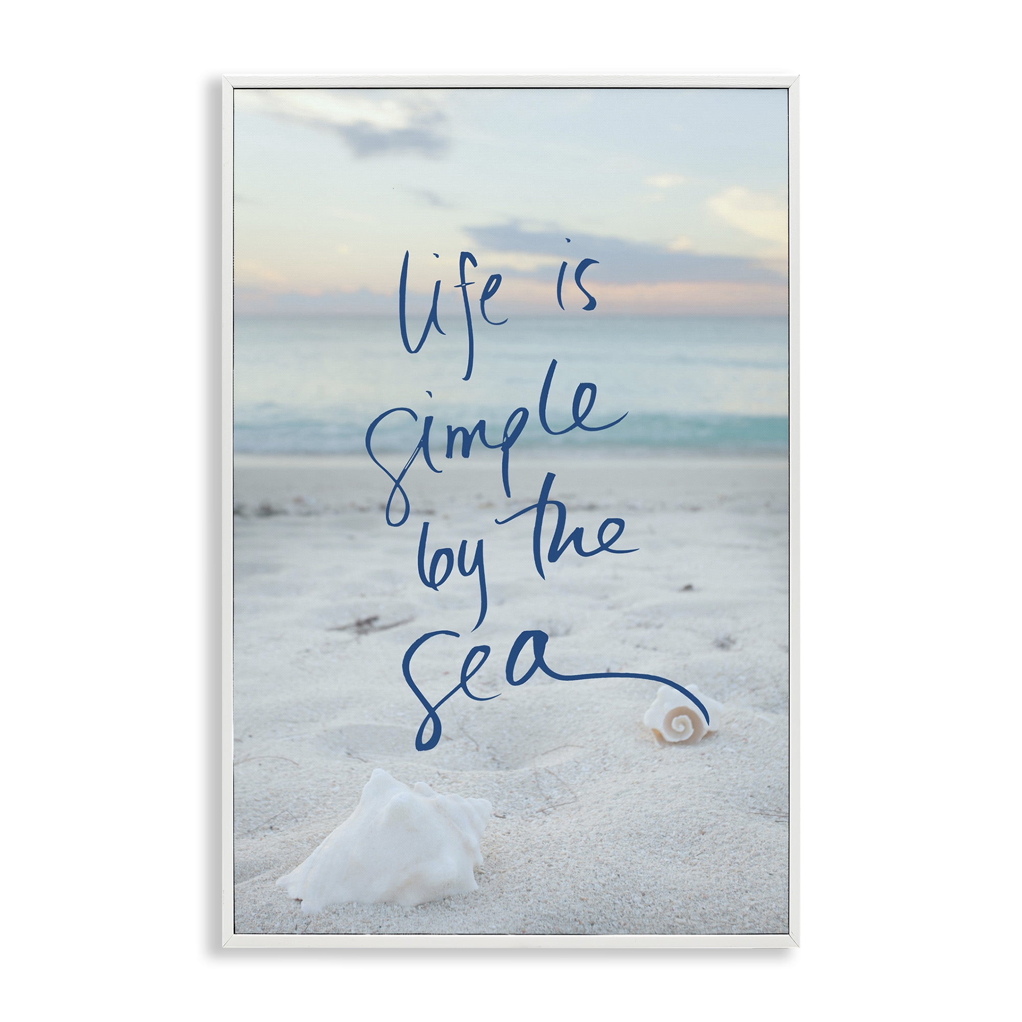 White Framed Coastal Landscape Print with Seashells, 12 x 18