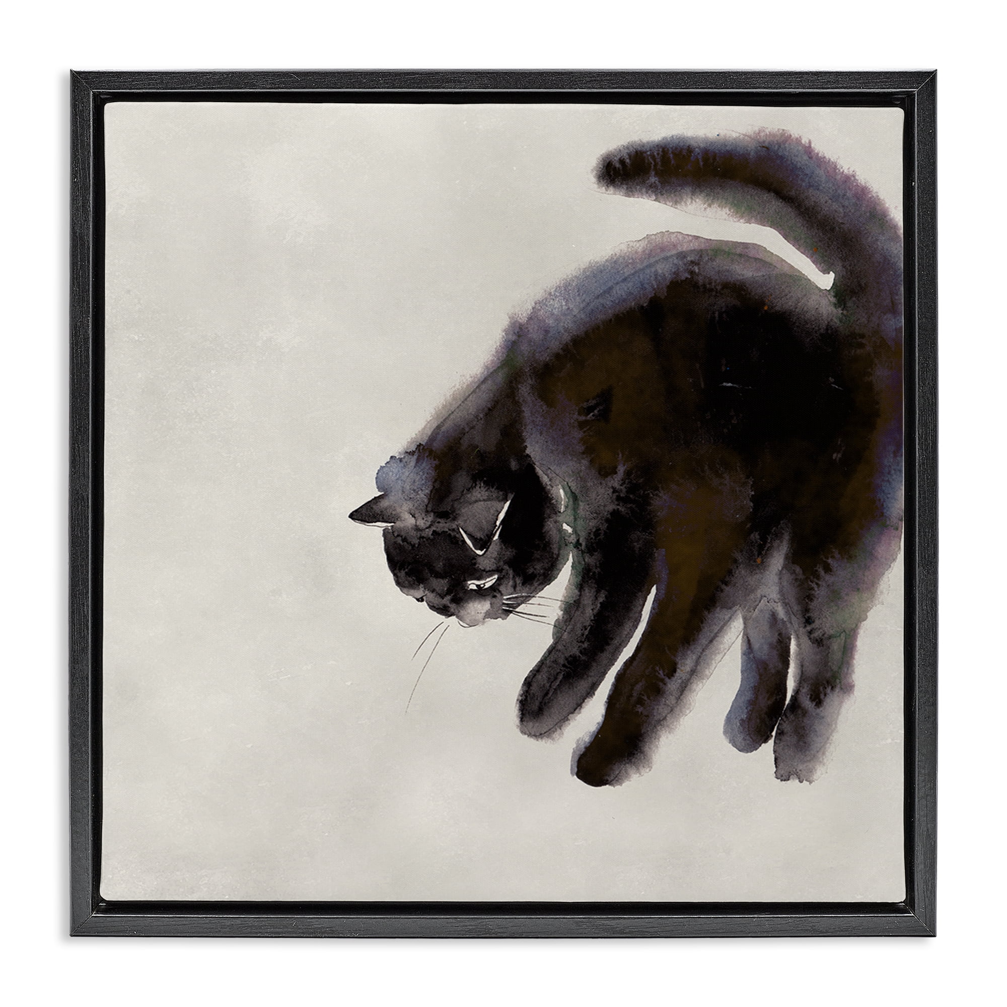 Stupell Industries Simple Cat Watercolor Animals Painting Black Floater Framed Canvas Art Print Wall Art, 25 x 25