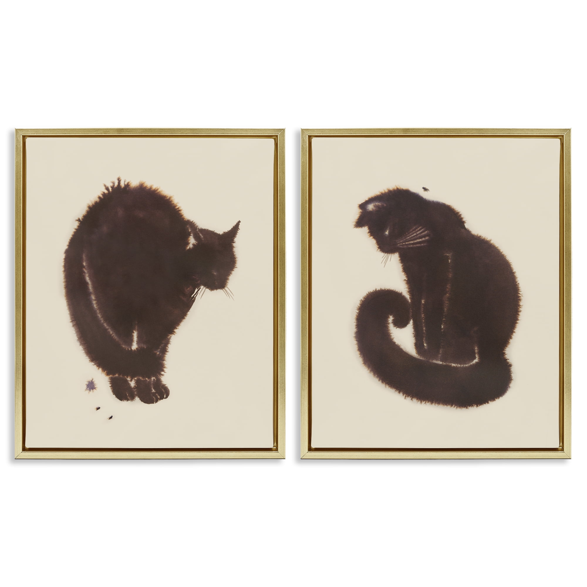 Stupell Industries Simple Cats on Beige Animals Painting Gold Floater Framed Canvas Art Print Wall Art, 17 x 21, Set of 2