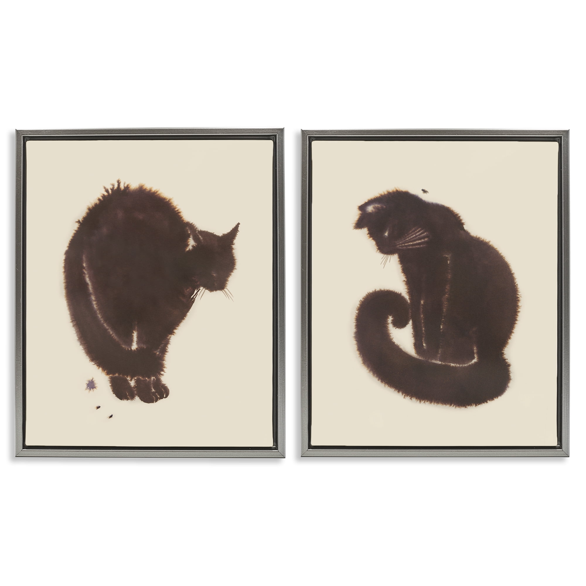 Stupell Industries Simple Cats on Beige Animals Painting Gray Floater Framed Canvas Art Print Wall Art, 31 x 25, Set of 2
