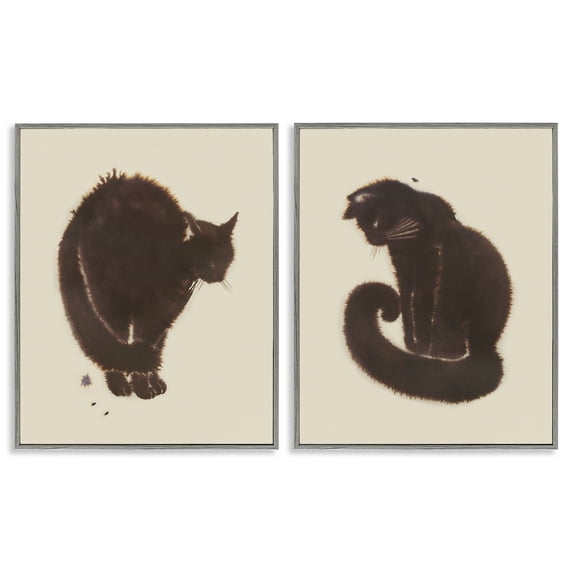 Stupell Industries Simple Cats on Beige Animals Painting Gray Framed Art Print Wall Art, 11 x 14, Set of 2