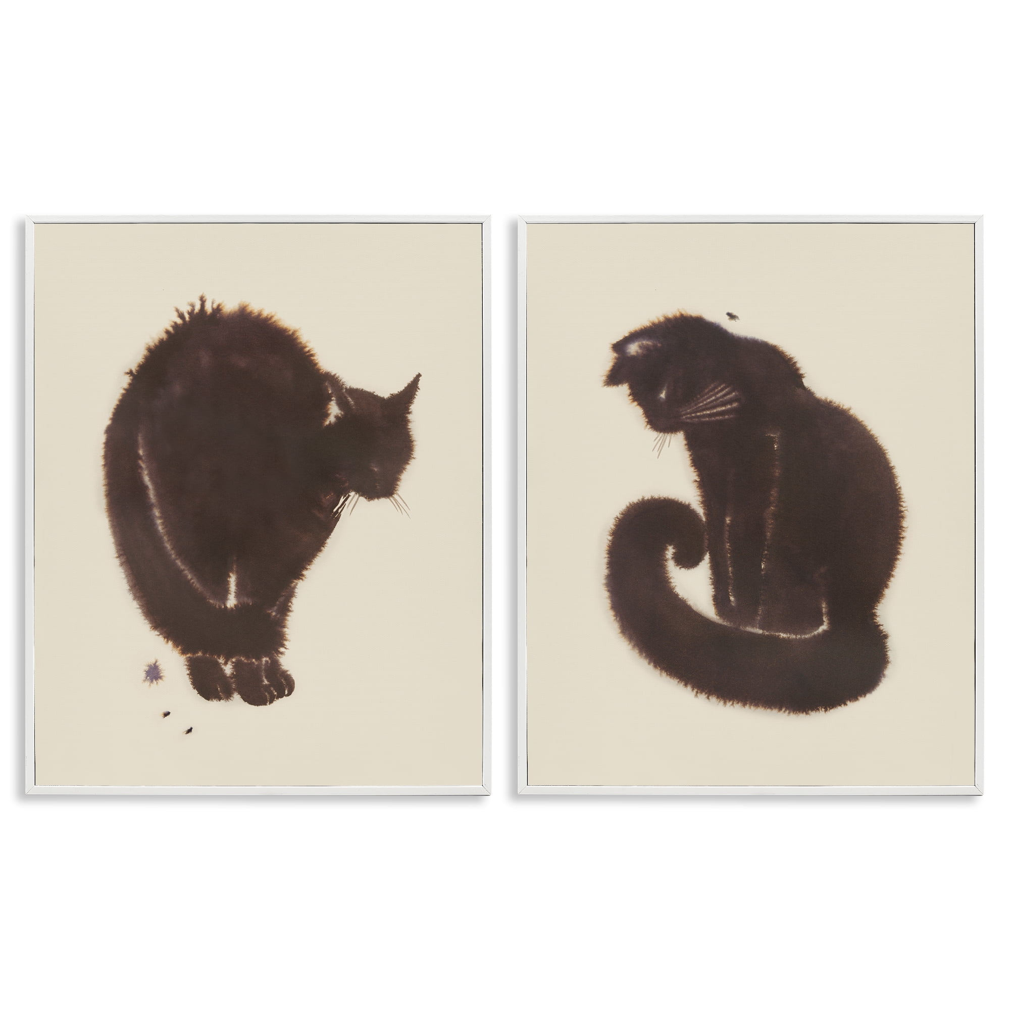 Stupell Industries Simple Cats on Beige Animals Painting White Framed Art Print Wall Art, 24 x 30, Set of 2