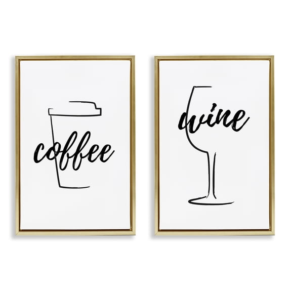 Stupell Industries Simple Coffee Wine Drawing Food & Beverage Painting Gold Floater Framed Canvas Art Print Wall Art, 17 x 25, Set of 2