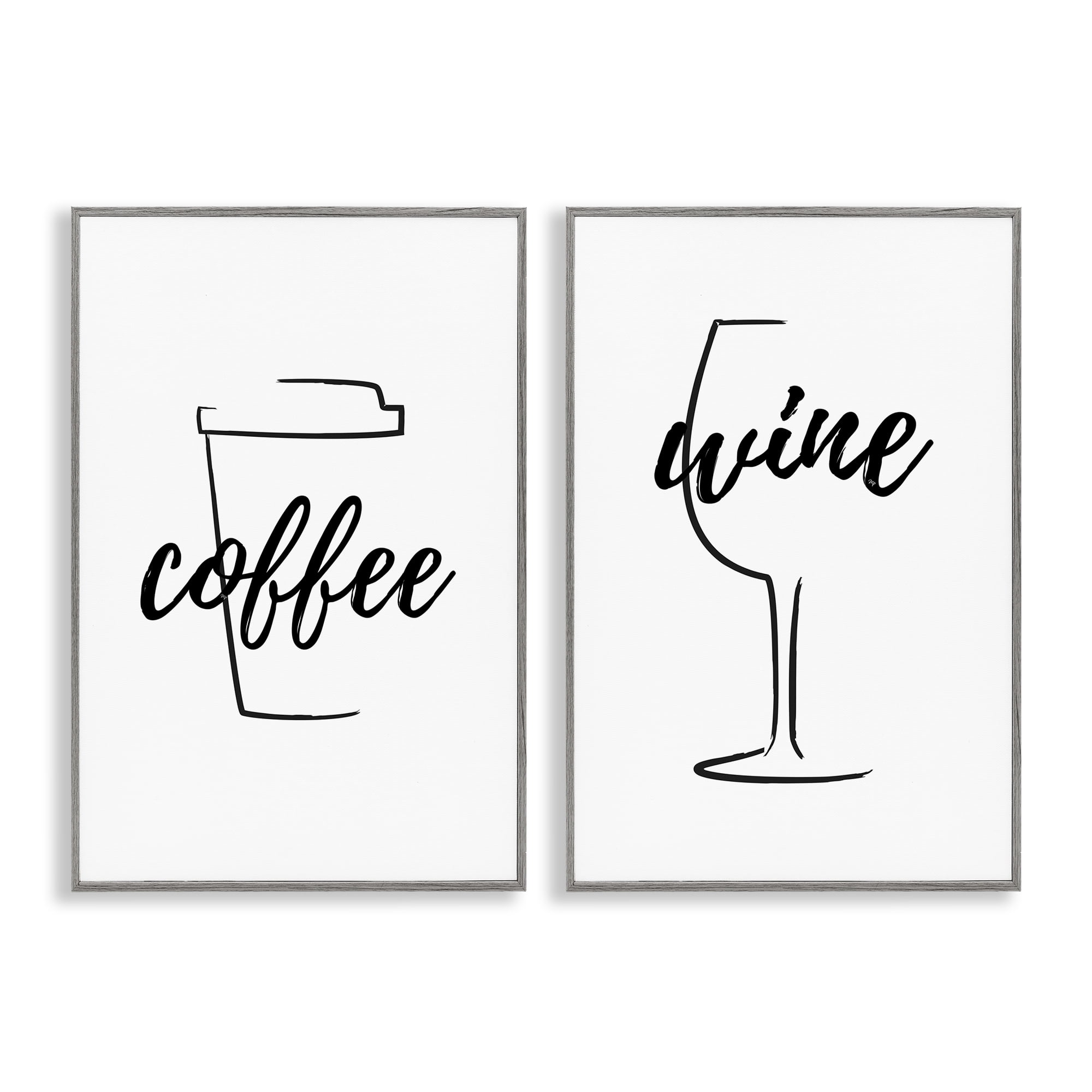 Stupell Industries Simple Coffee Wine Drawing Food & Beverage Painting Gray Framed Art Print Wall Art, 12 x 18, Set of 2