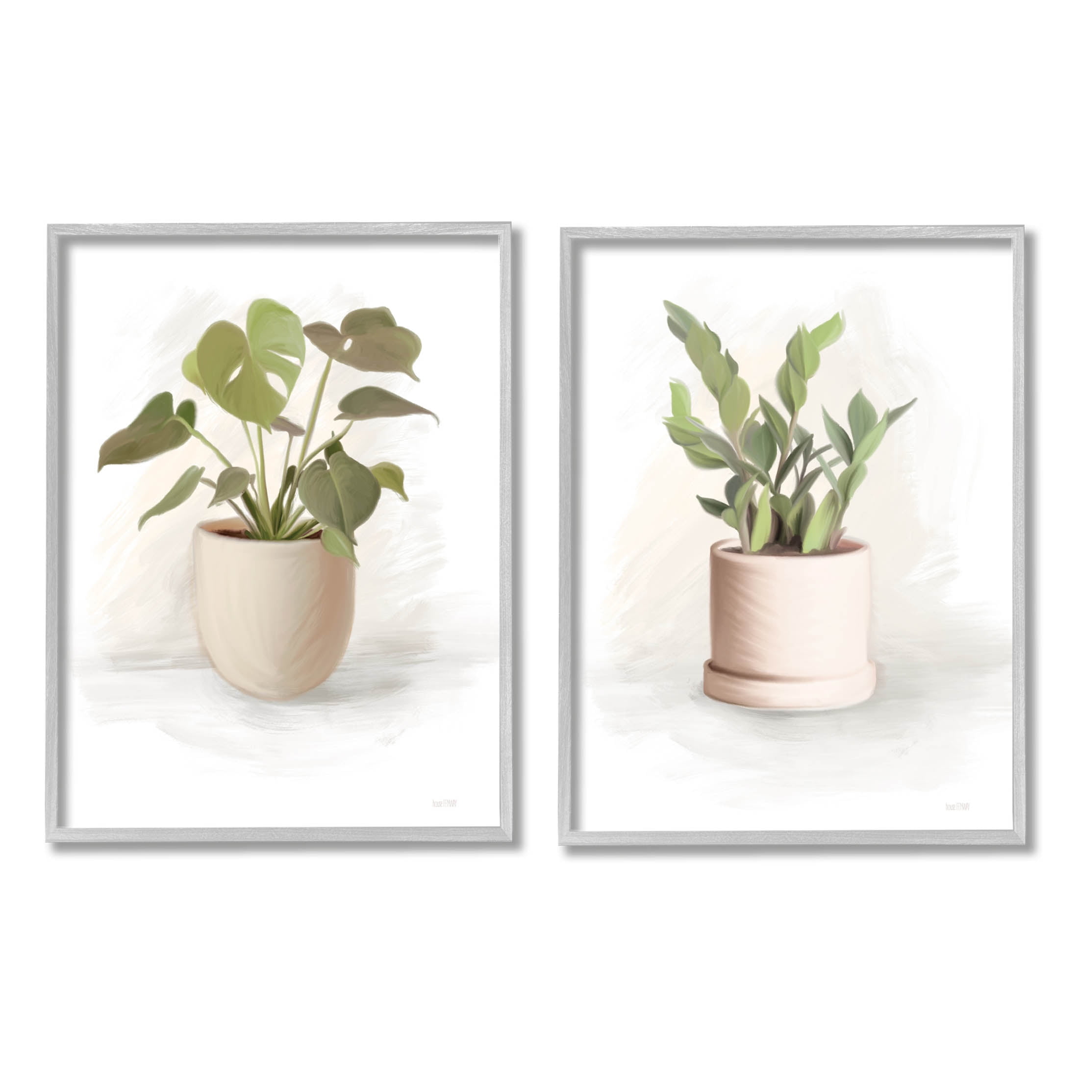 Stupell Industries Simple Cottage Potted Plants Graphic Art Gray Framed Art Print Wall Art, Set of 2, Design by House Fenway