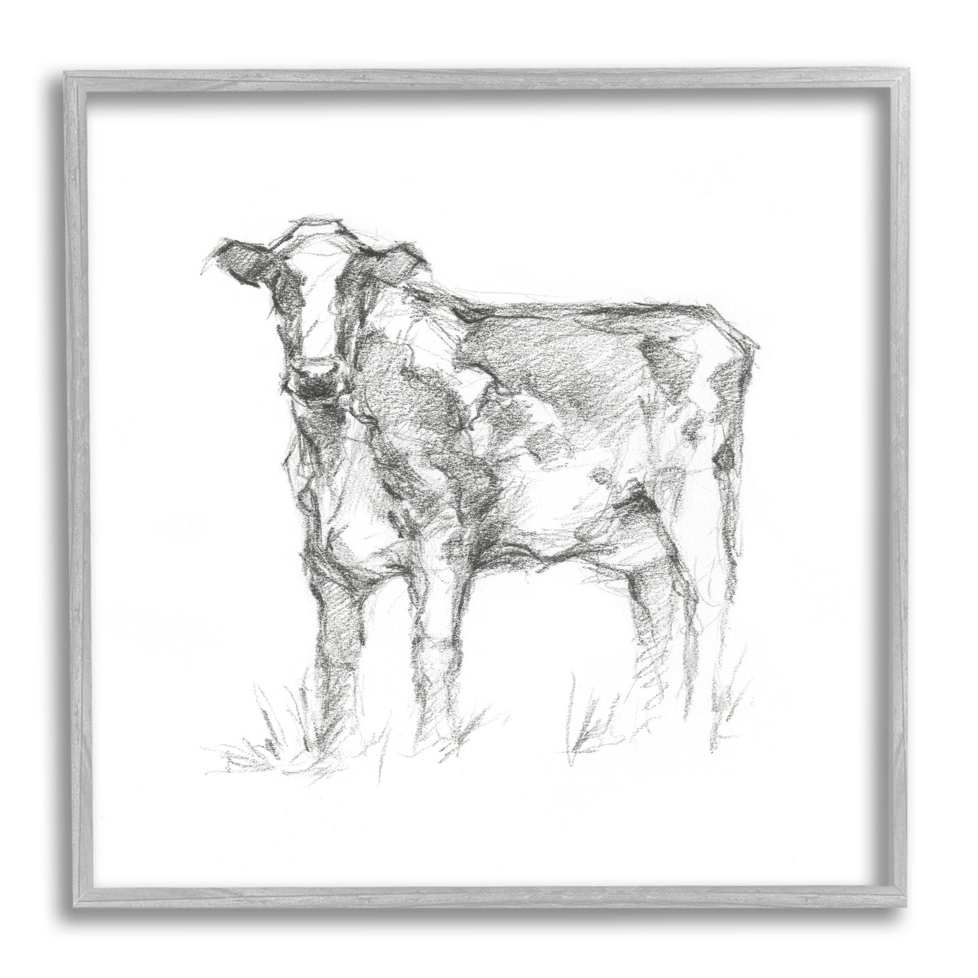 Stupell Industries Simple Cow Drawing Animals & Insects Drawing Gray Framed Art Print Wall Art, 12 x 12