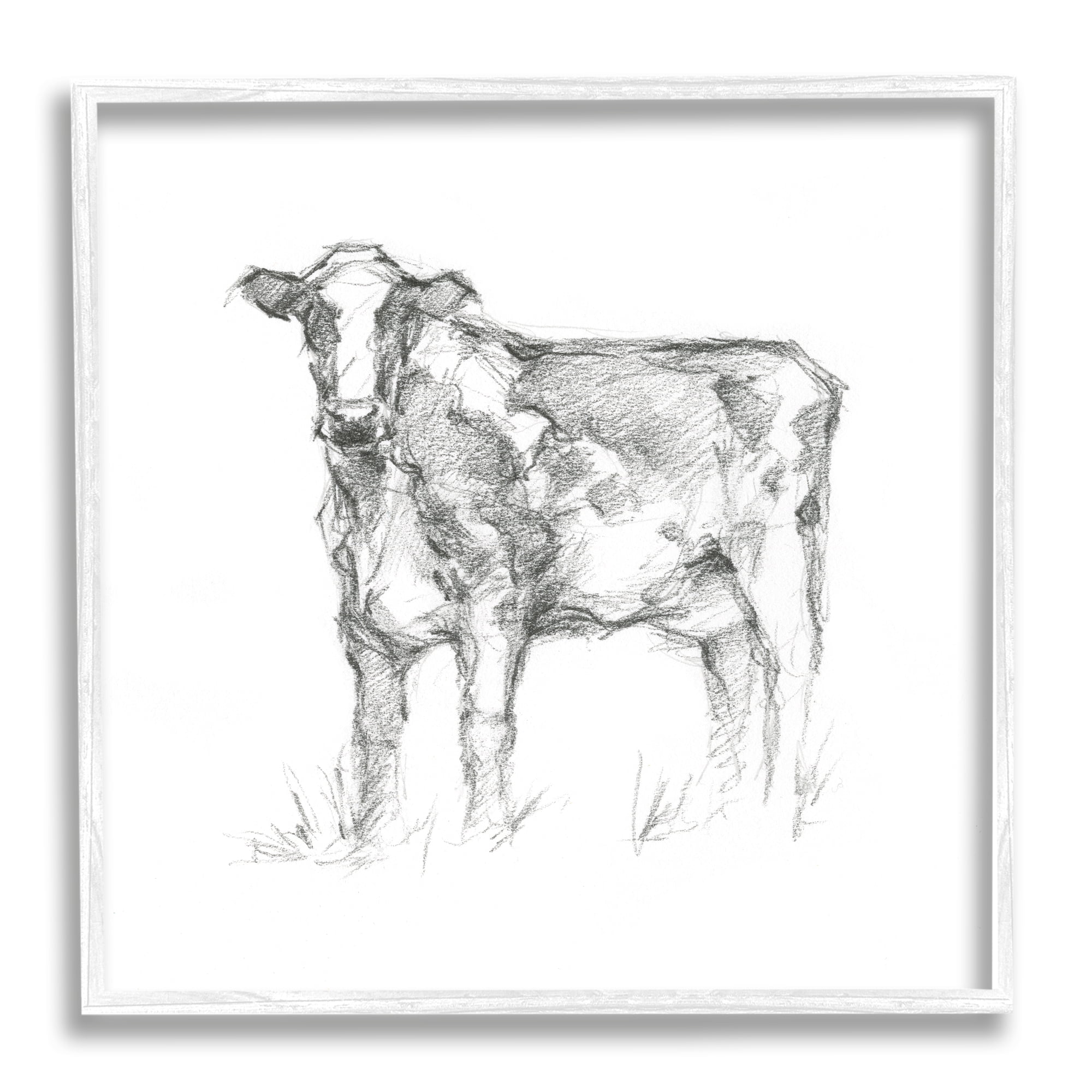 Stupell Industries Simple Cow Drawing Animals & Insects Drawing White Framed Art Print Wall Art, 12 x 12