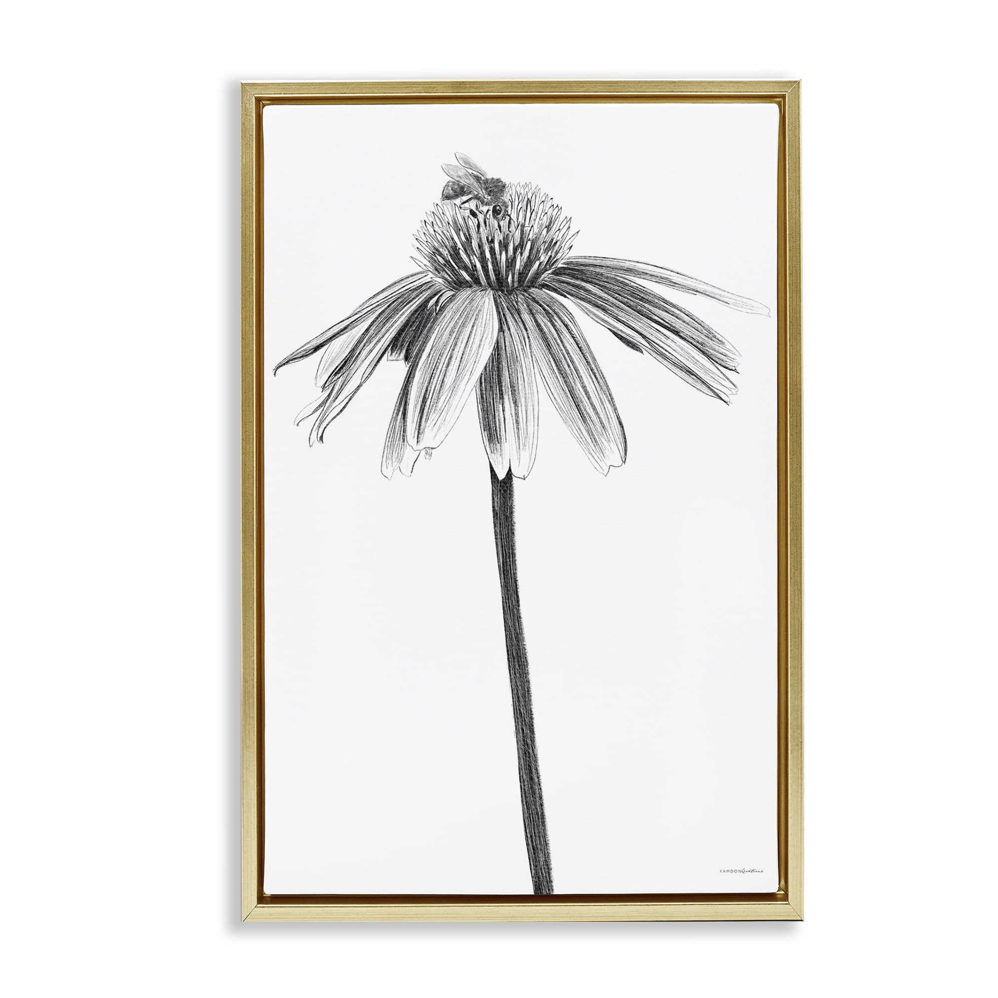 Stupell Industries Simple Daisy Sprig Botanical & Floral Drawing Gold Floater Framed Art Print Wall Art, 17 x 25