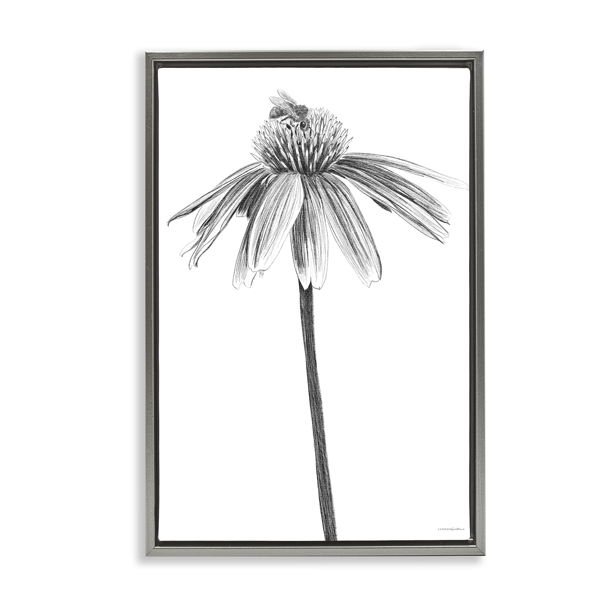 Stupell Industries Simple Daisy Sprig Botanical & Floral Drawing Gray Floater Framed Art Print Wall Art, 21 x 31