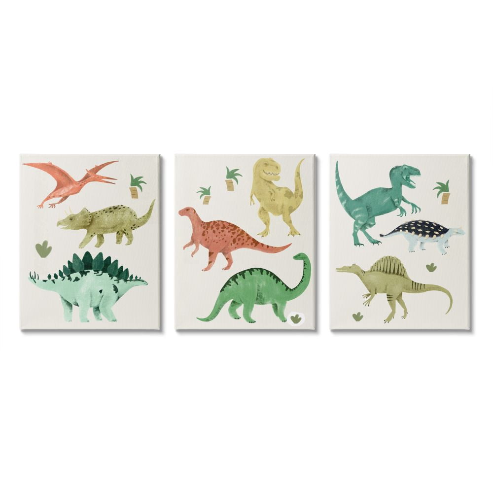 Stupell Industries Simple Dinosaur Illustration with Colorful Reptiles Graphic Art Gallery-Wrapped Canvas Print Wall Art Set of 3, 16x20, by Daphne Polselli