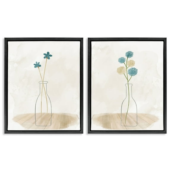 Stupell Industries Simple Flower Sprigs Clear Vase Plants & Flowers Painting Black Floater Framed Canvas Art Print Wall Art, 17 x 21, Set of 2