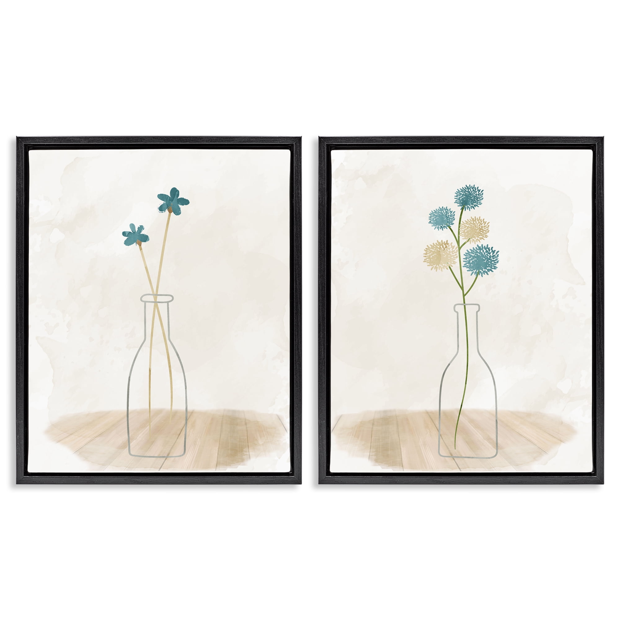 Stupell Industries Simple Flower Sprigs Clear Vase Plants & Flowers Painting Black Floater Framed Canvas Art Print Wall Art, 31 x 25, Set of 2