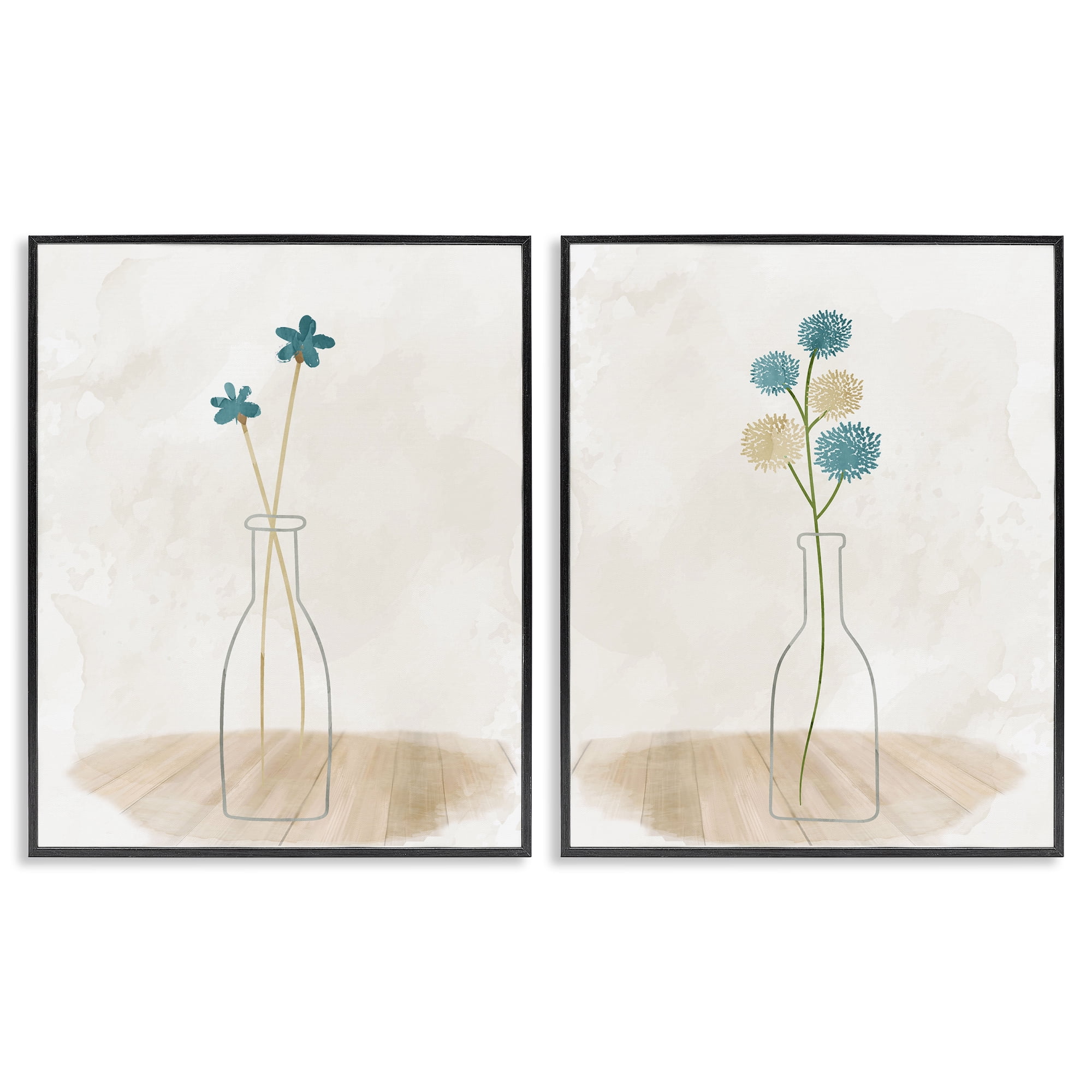 Stupell Industries Simple Flower Sprigs Clear Vase Plants & Flowers Painting Black Framed Art Print Wall Art, 16 x 20, Set of 2