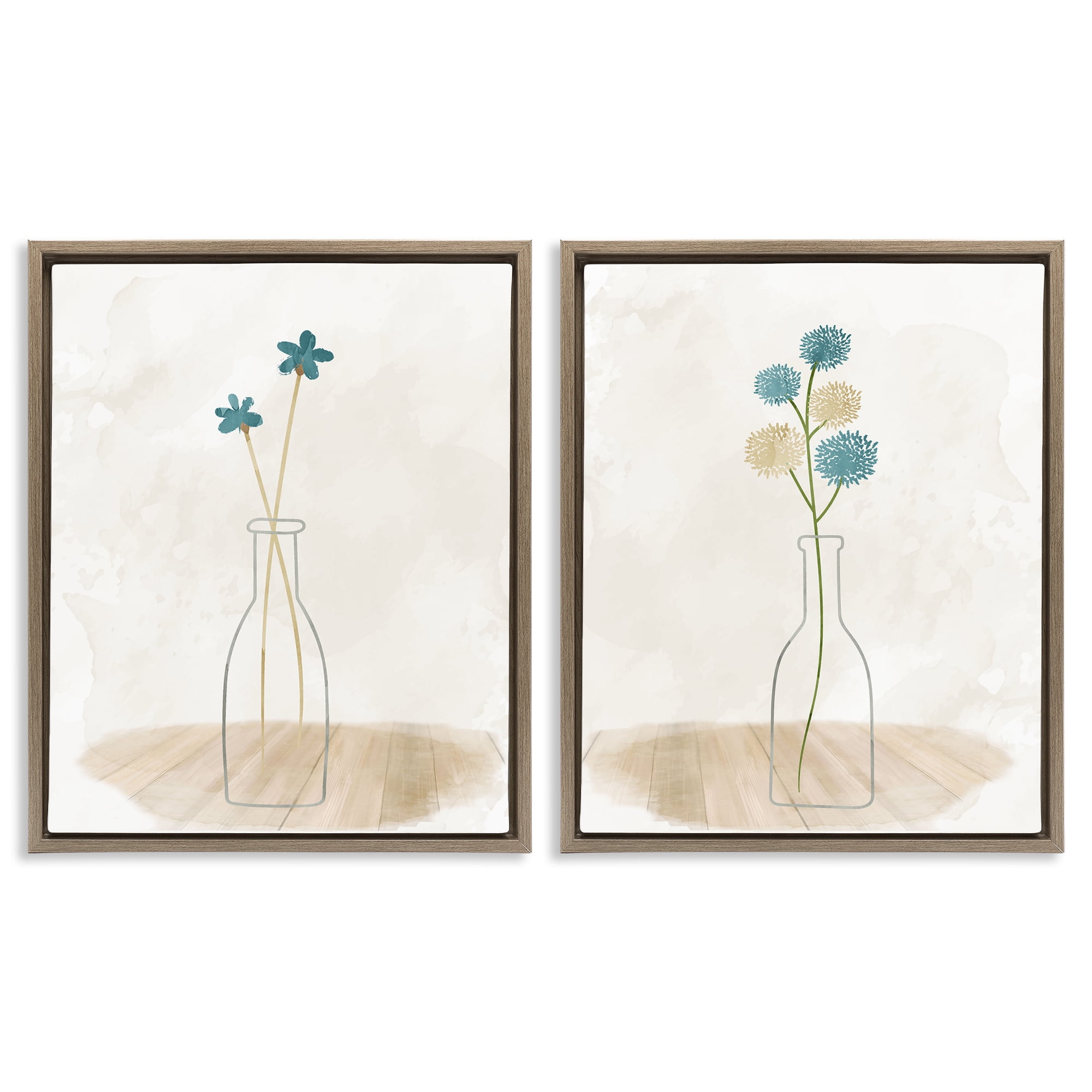 Stupell Industries Simple Flower Sprigs Clear Vase Plants & Flowers Painting Brown Floater Framed Canvas Art Print Wall Art, 17 x 21, Set of 2