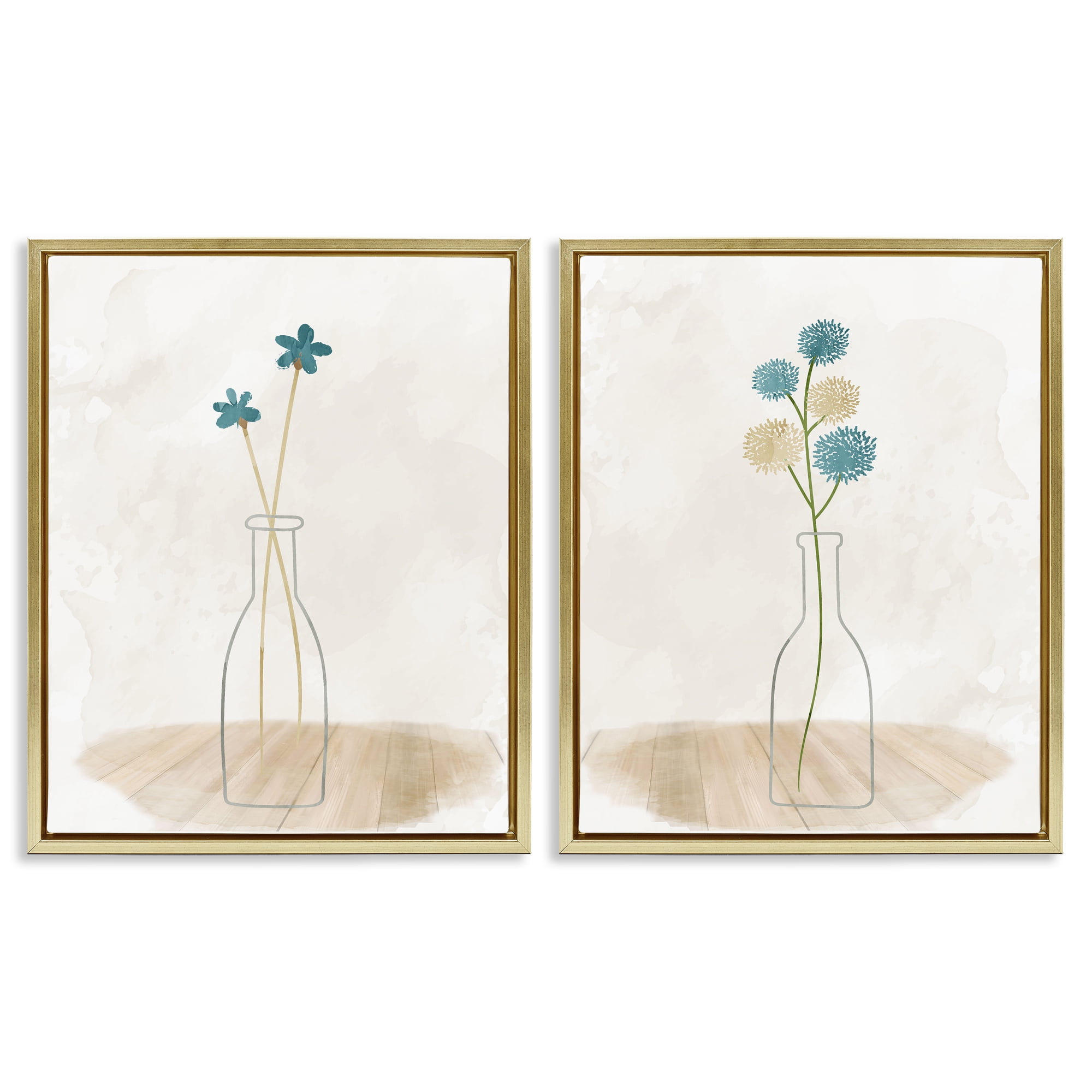 Stupell Industries Simple Flower Sprigs Clear Vase Plants & Flowers Painting Gold Floater Framed Canvas Art Print Wall Art, 17 x 21, Set of 2