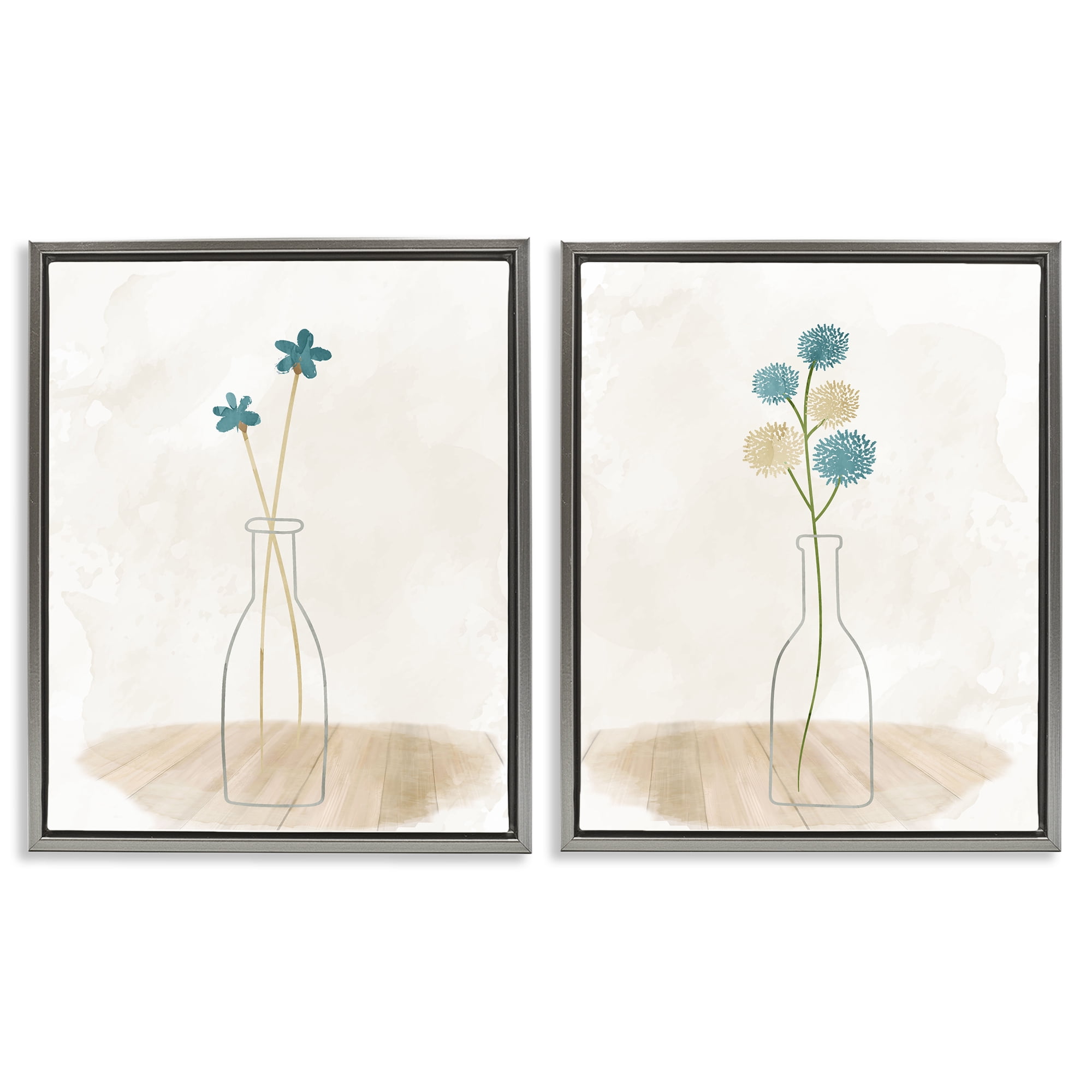 Stupell Industries Simple Flower Sprigs Clear Vase Plants & Flowers Painting Gray Floater Framed Canvas Art Print Wall Art, 17 x 21, Set of 2