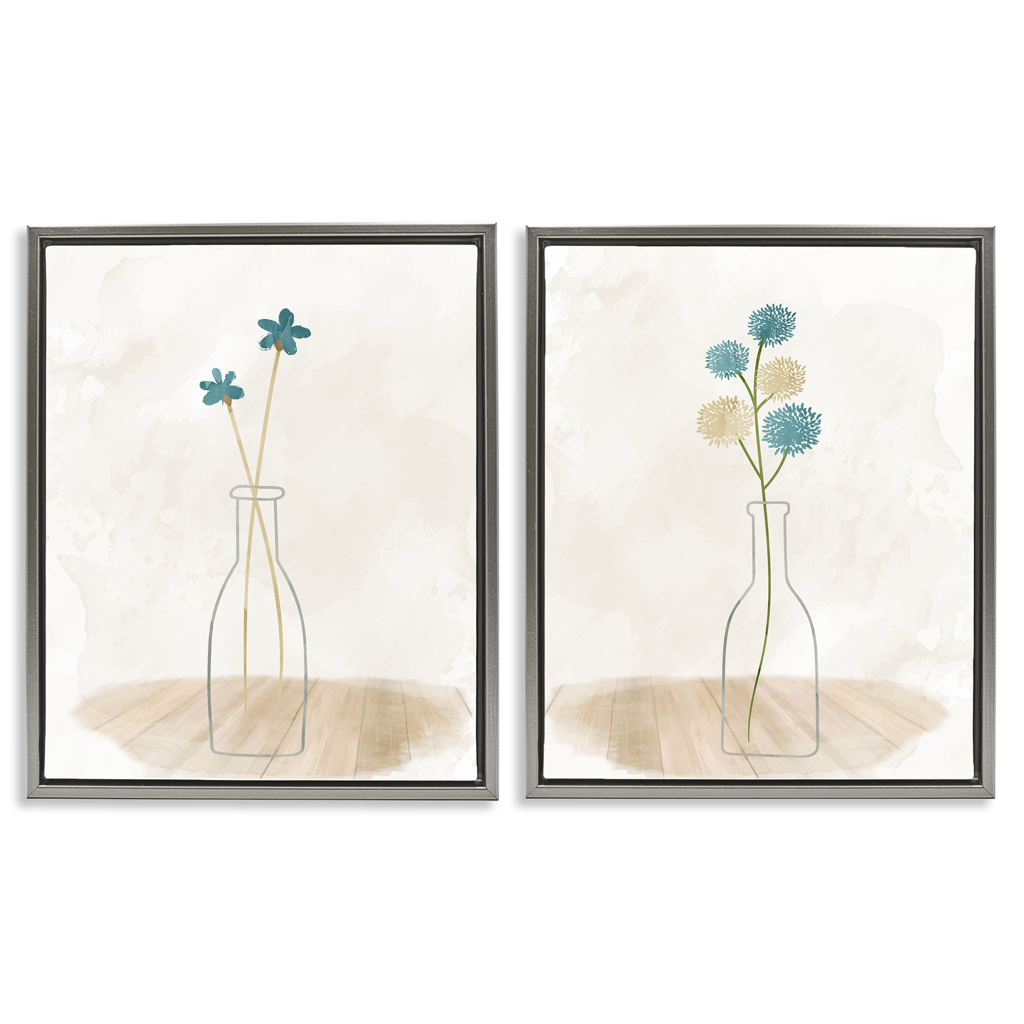 Stupell Industries Simple Flower Sprigs Clear Vase Plants & Flowers Painting Gray Floater Framed Canvas Art Print Wall Art, 31 x 25, Set of 2