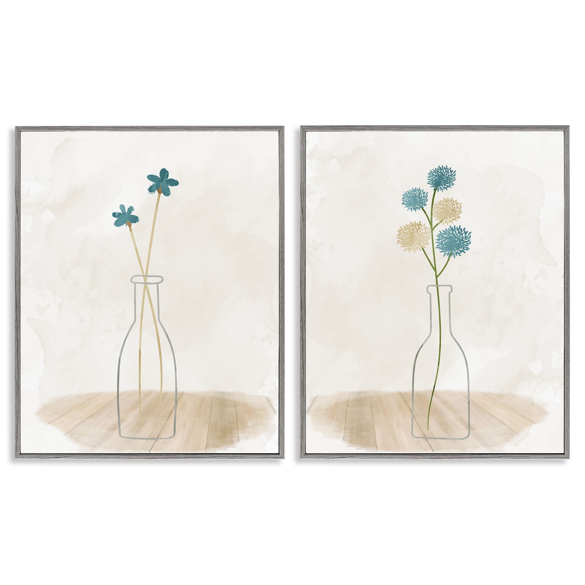 Stupell Industries Simple Flower Sprigs Clear Vase Plants & Flowers Painting Gray Framed Art Print Wall Art, 24 x 30, Set of 2