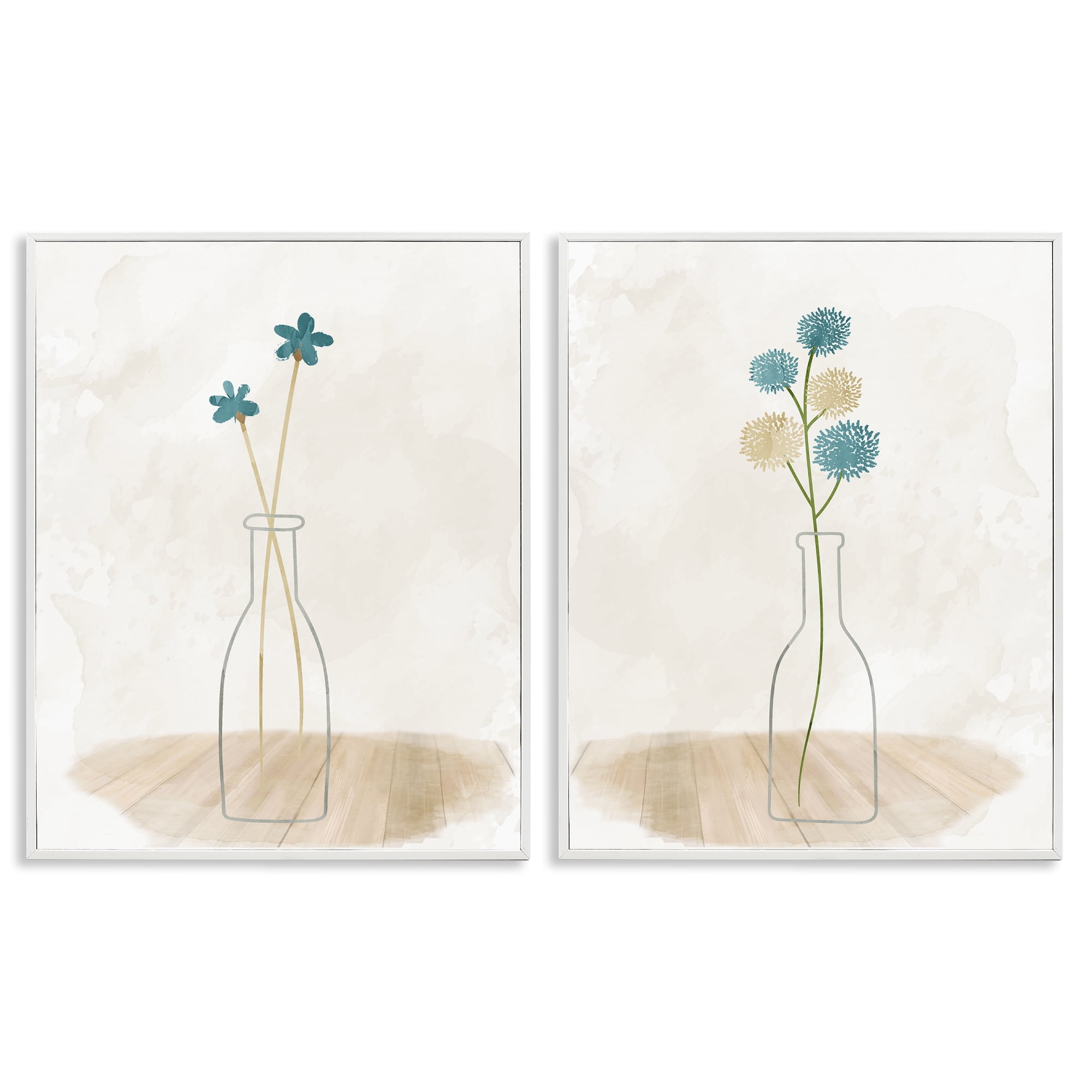 Stupell Industries Simple Flower Sprigs Clear Vase Plants & Flowers Painting White Framed Art Print Wall Art, 11 x 14, Set of 2