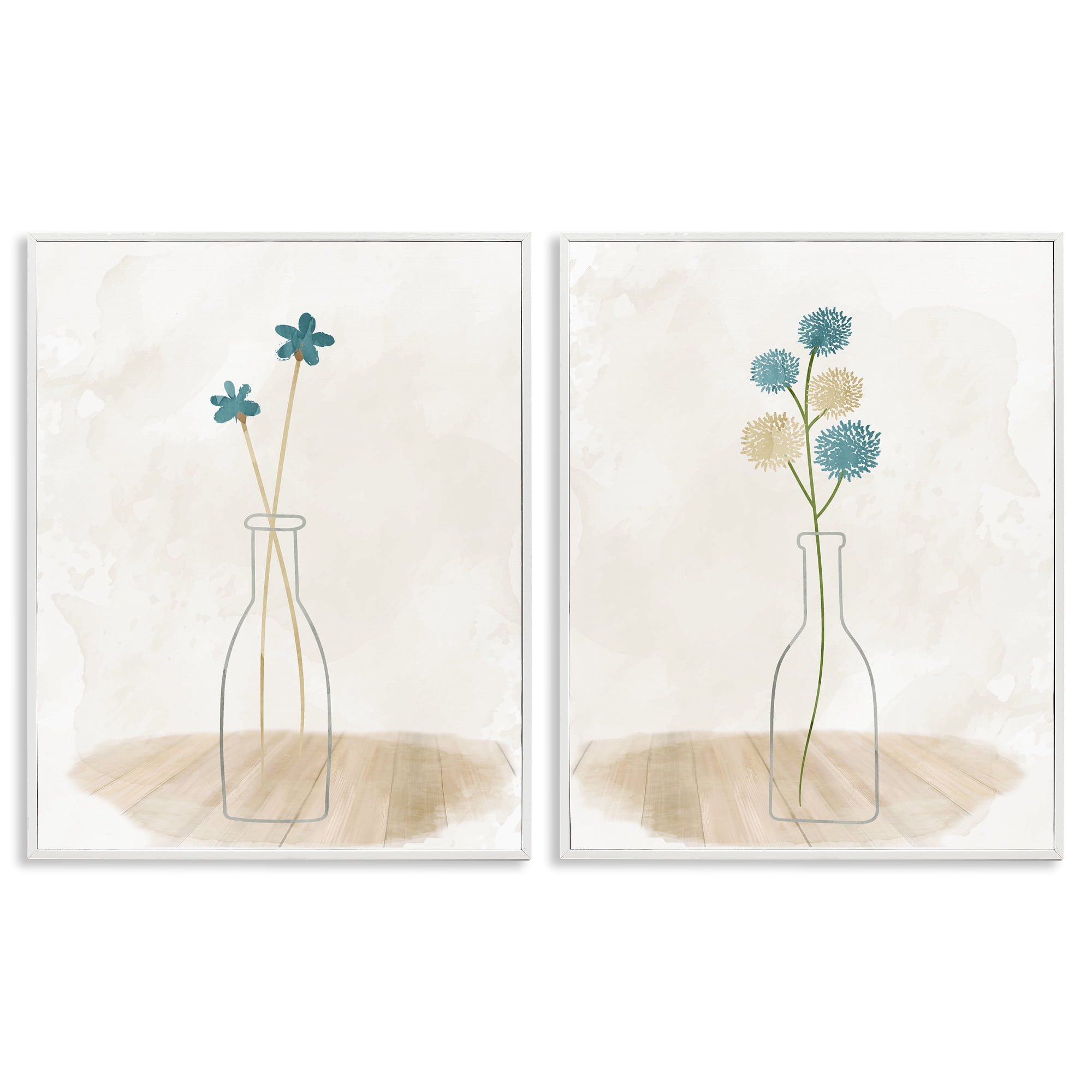 Stupell Industries Simple Flower Sprigs Clear Vase Plants & Flowers Painting White Framed Art Print Wall Art, 24 x 30, Set of 2