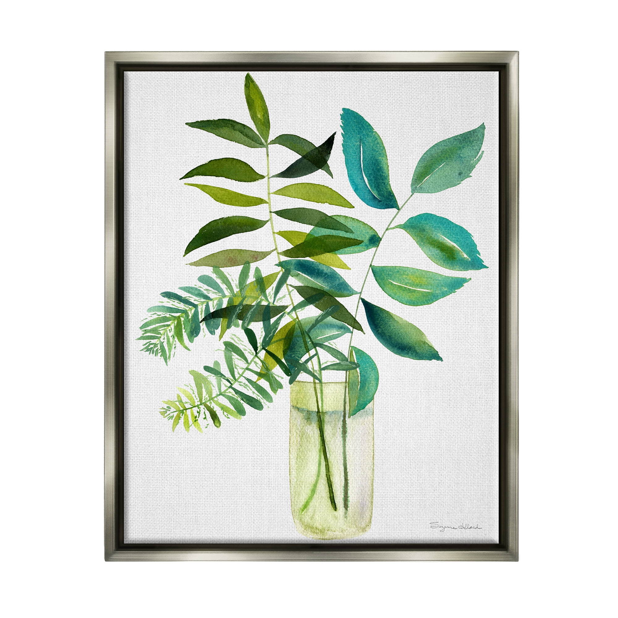 Stupell Industries Simple Green Leaf Sprigs Vase Botanical & Floral Painting Gray Floater Framed Art Print Wall Art
