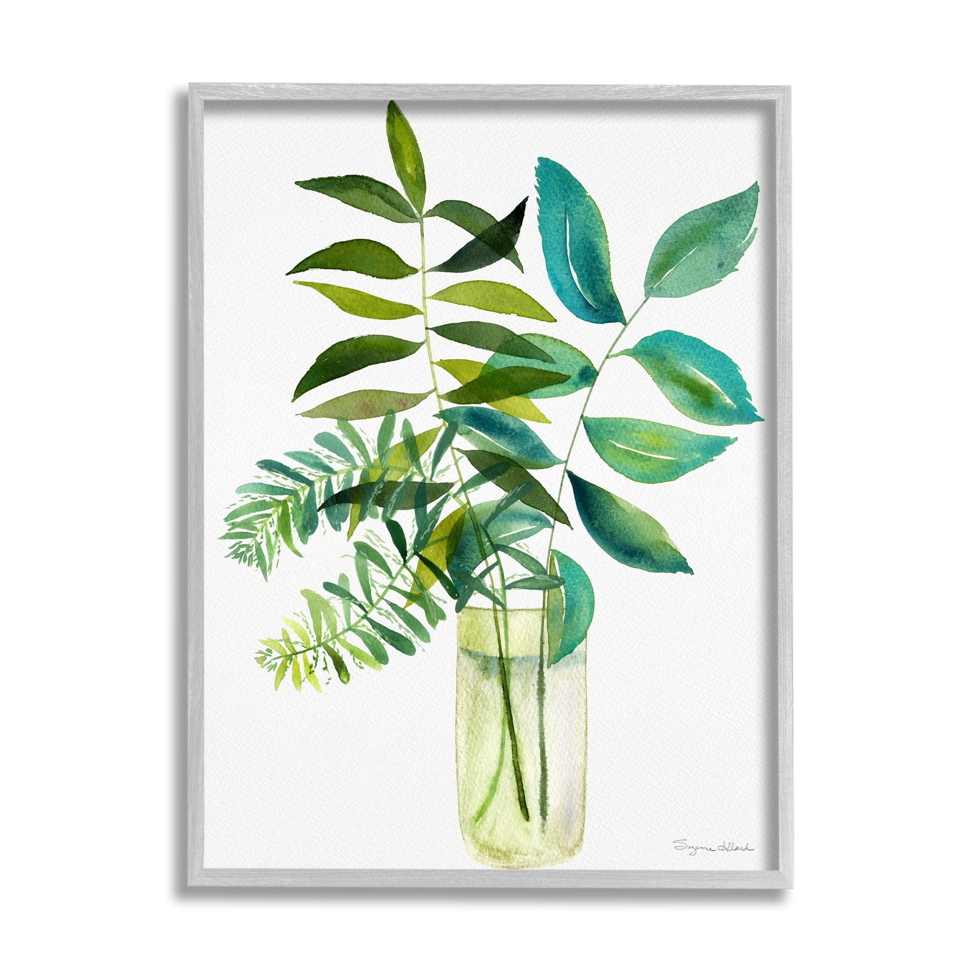 Stupell Industries Simple Green Leaf Sprigs Vase Botanical & Floral Painting Gray Framed Art Print Wall Art