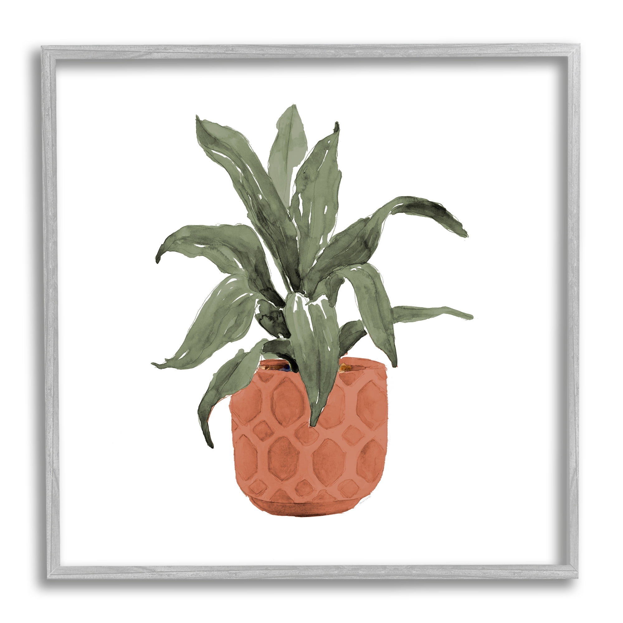 Green Leaves Terracotta Planter Print in Gray Frame, 12" x 12"