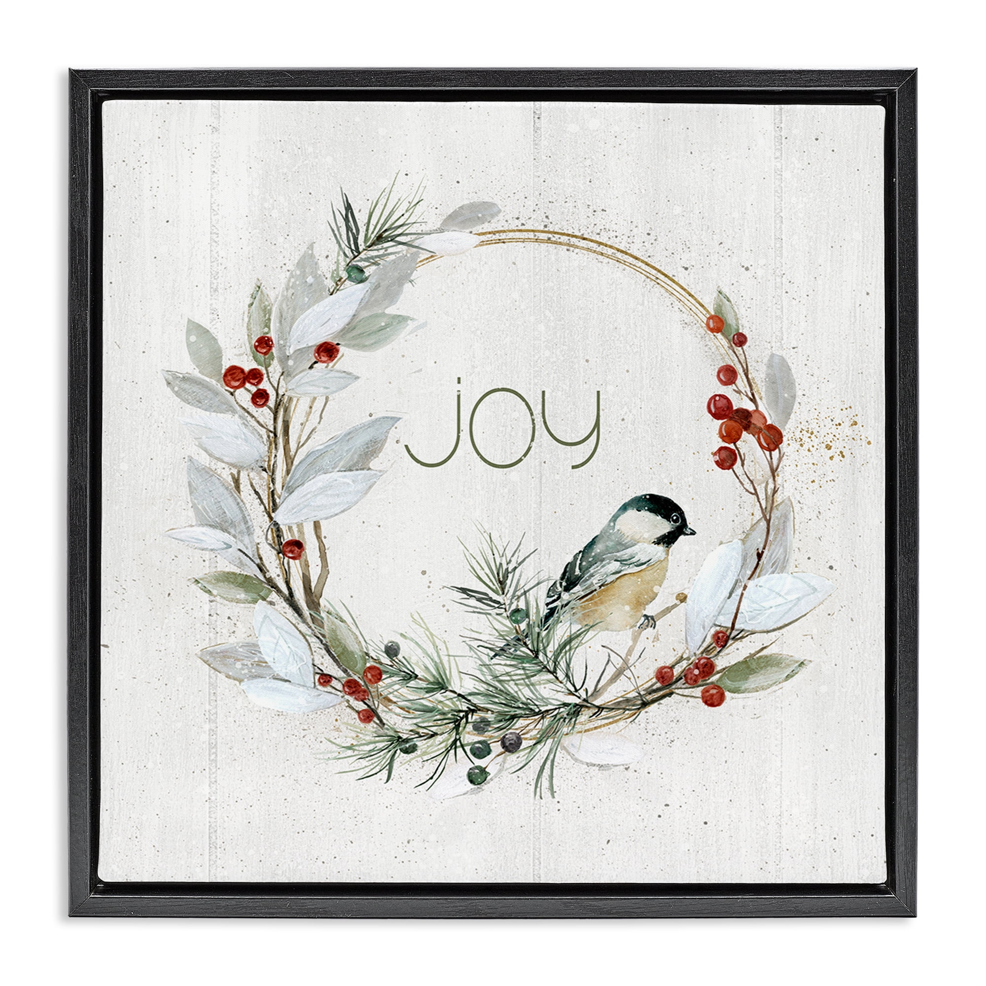 Stupell Industries Simple Joy Winter Wreath Holiday Painting Black Floater Framed Canvas Art Prints Wall Art, 25 x 25