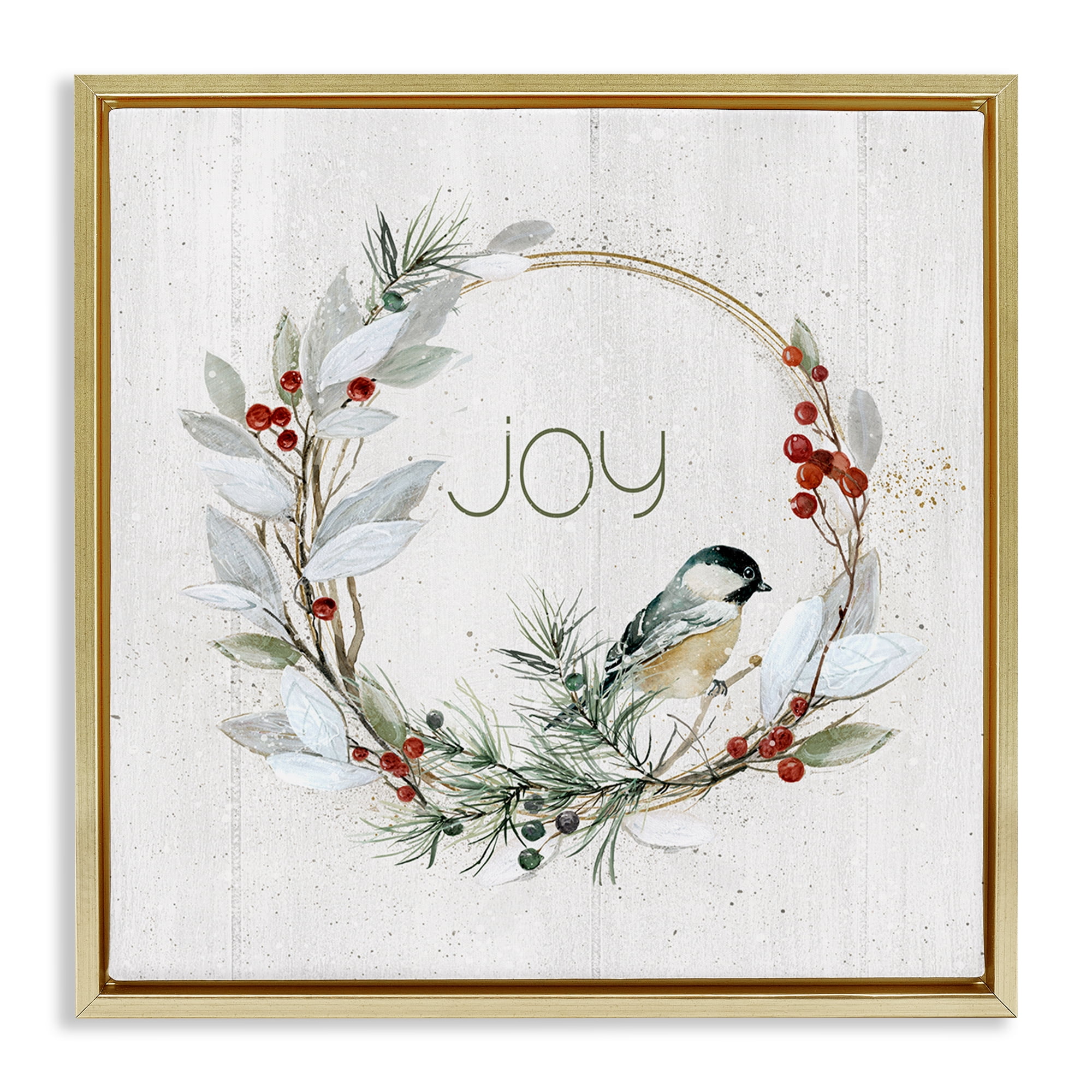 Stupell Industries Simple Joy Winter Wreath Holiday Painting Gold Floater Framed Canvas Art Prints Wall Art, 25 x 25