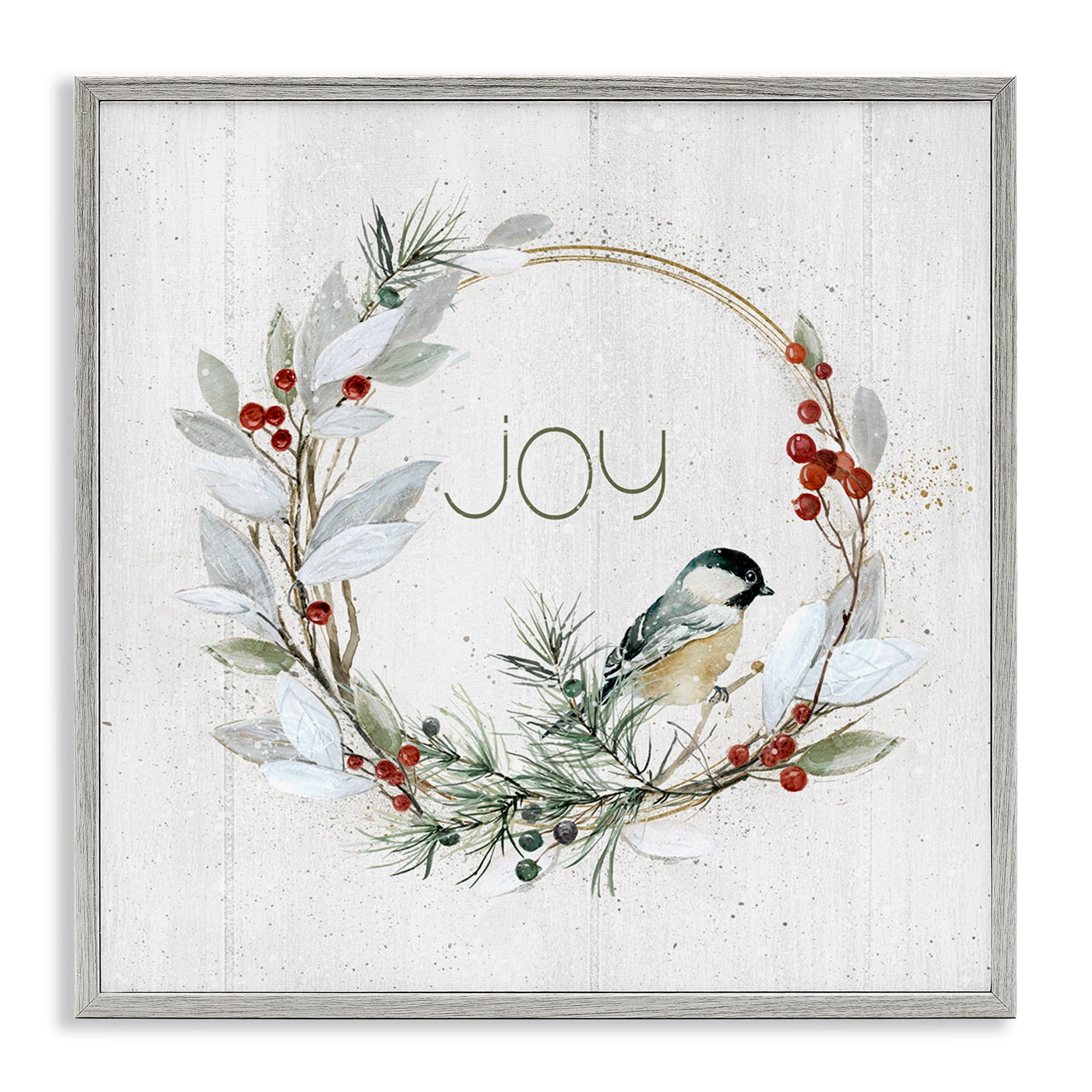 Stupell Industries Simple Joy Winter Wreath Holiday Painting Gray Framed Art Prints Wall Art, 17 x 17