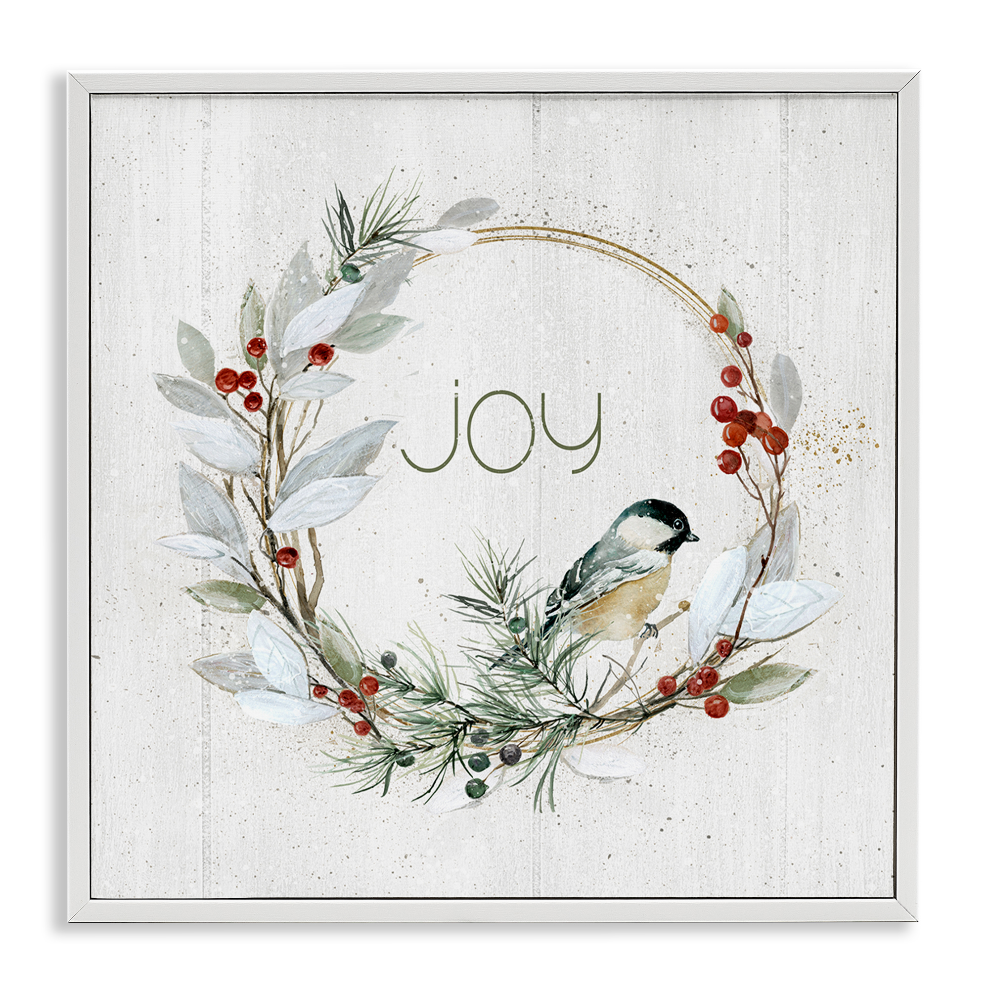 Stupell Industries Simple Joy Winter Wreath Holiday Painting White Framed Art Prints Wall Art, 12 x 12