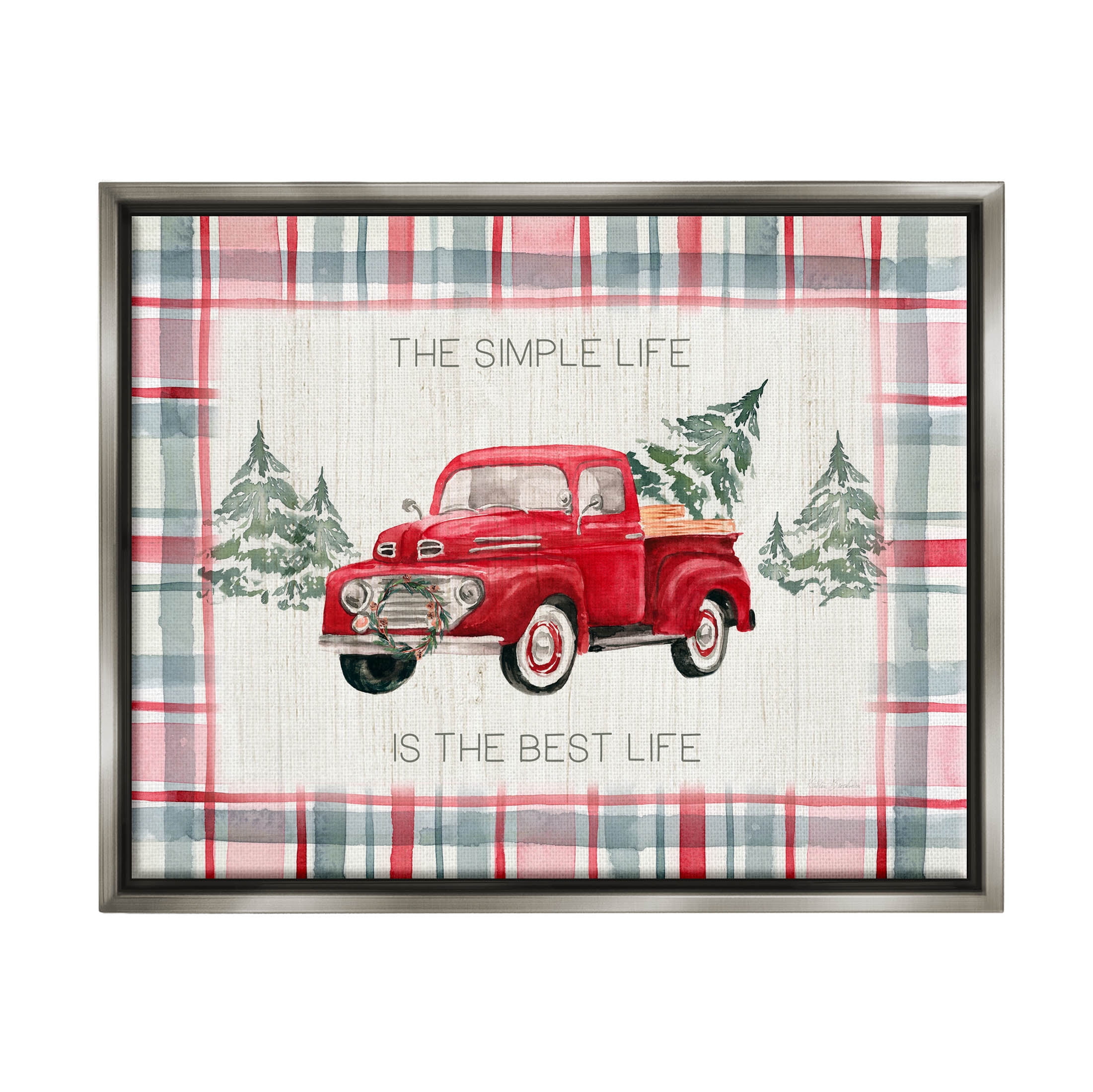 Stupell Industries Simple Life Is Best Plaid Truck Graphic Art Luster Gray Floating Framed Canvas Print Wall Art, Design by Kristen Brockmon