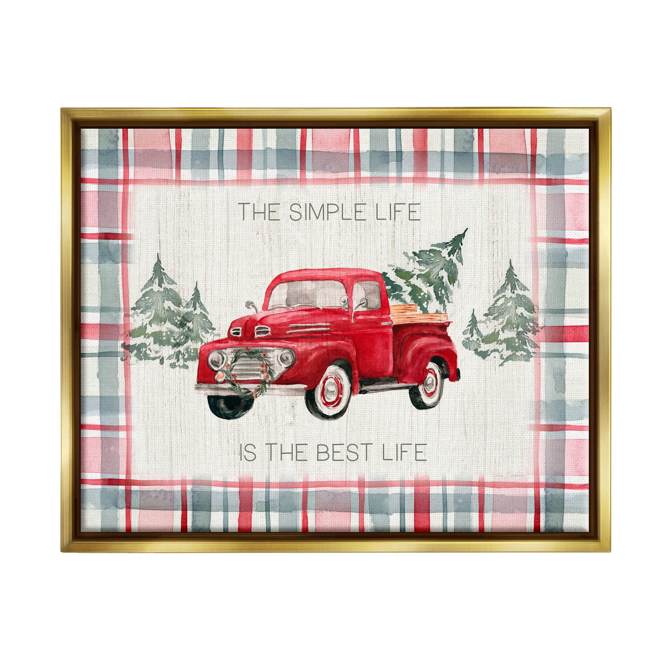 Stupell Industries Simple Life Is Best Plaid Truck Graphic Art Metallic Gold Floating Framed Canvas Print Wall Art, Design by Kristen Brockmon