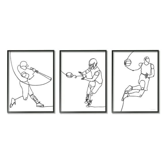 Stupell Industries Simple Line Doodle People Playing Sports Baseball Football Basketball Graphic Art Black Framed Art Print Wall Art Set of 3, 11x14, by Kamdon Kreations