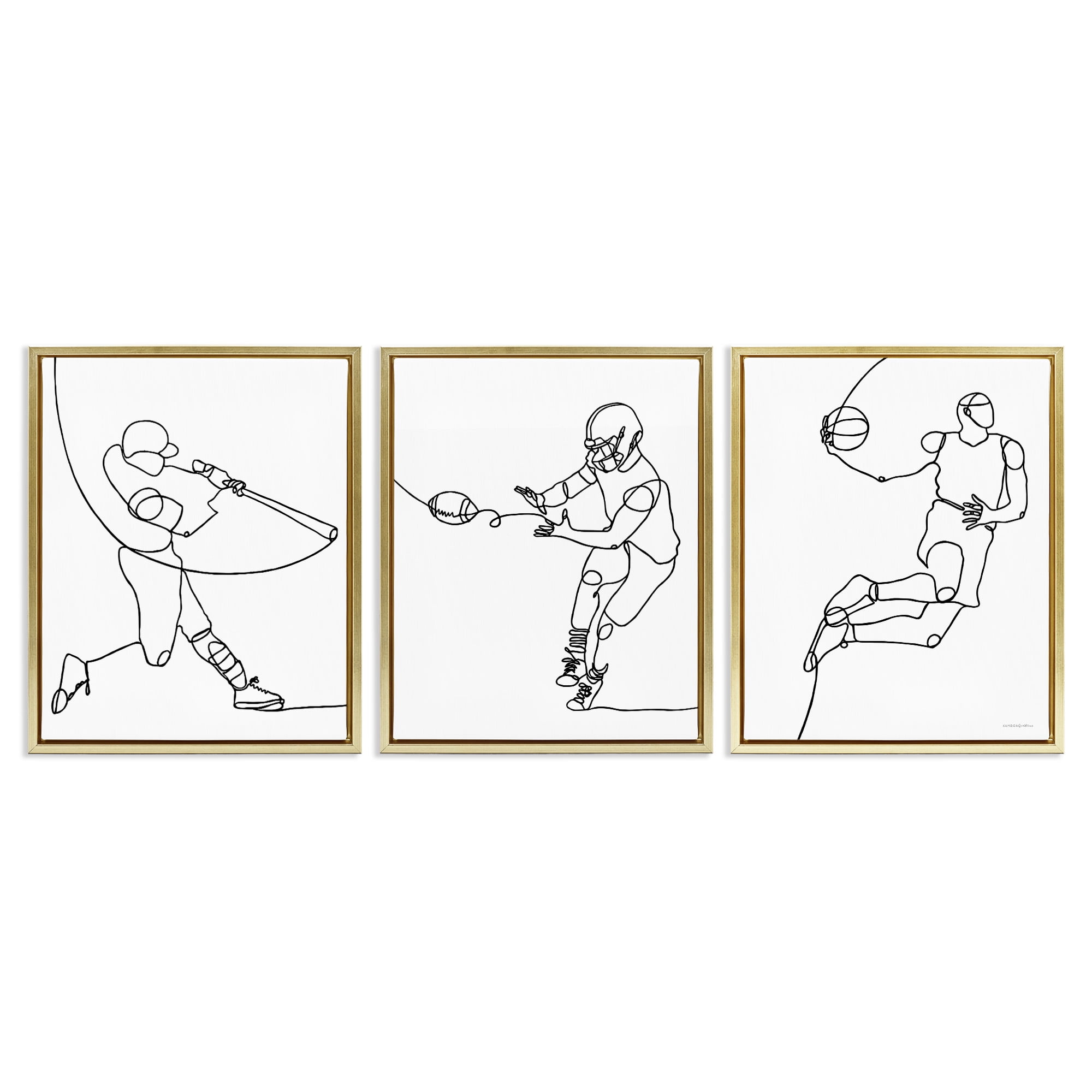 Stupell Industries Simple Line Doodle Playing Sports Sports Painting Gold Floater Framed Canvas Art Print Wall Art, 25 x 31, Set of 3