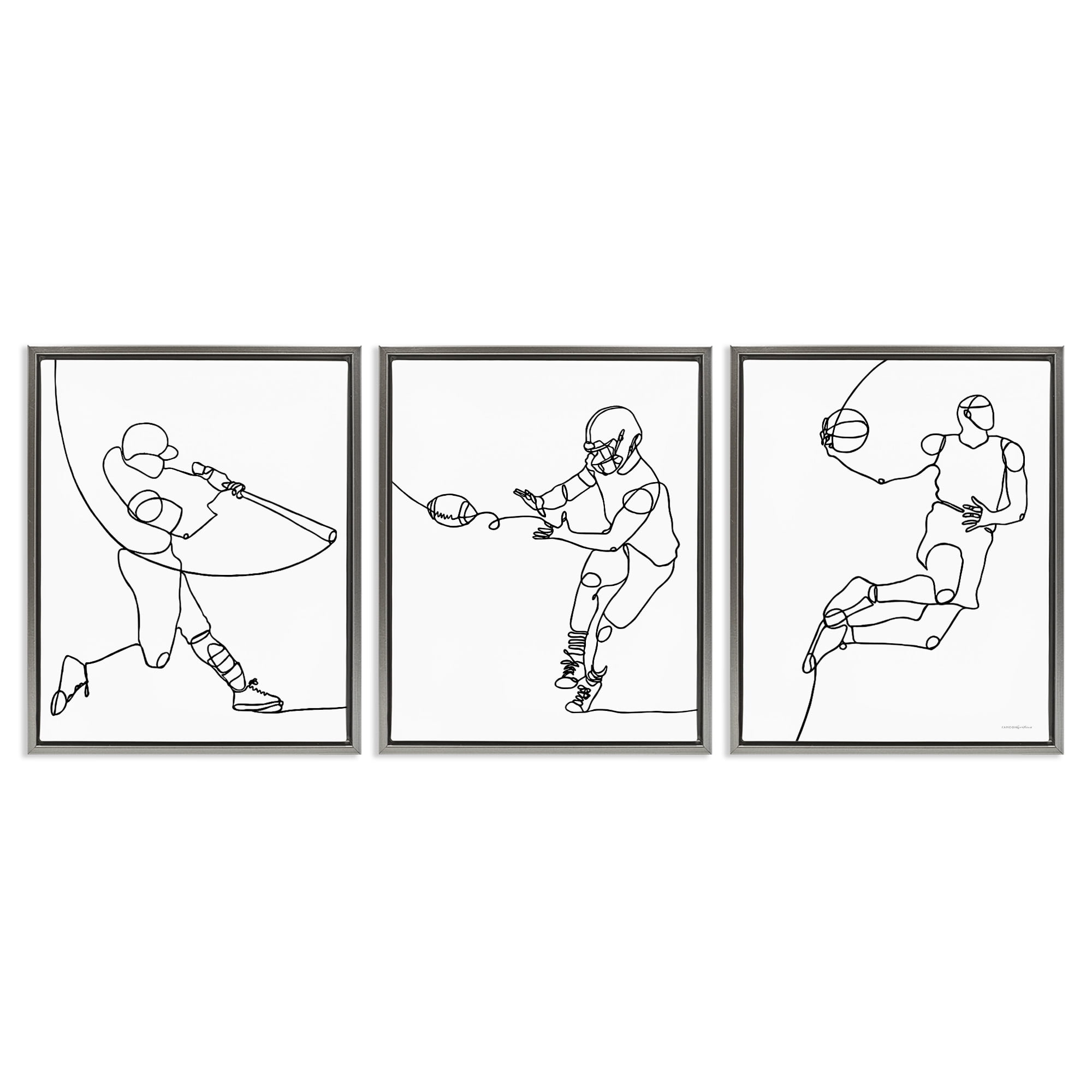 Stupell Industries Simple Line Doodle Playing Sports Sports Painting Gray Floater Framed Canvas Art Print Wall Art, 17 x 21, Set of 3