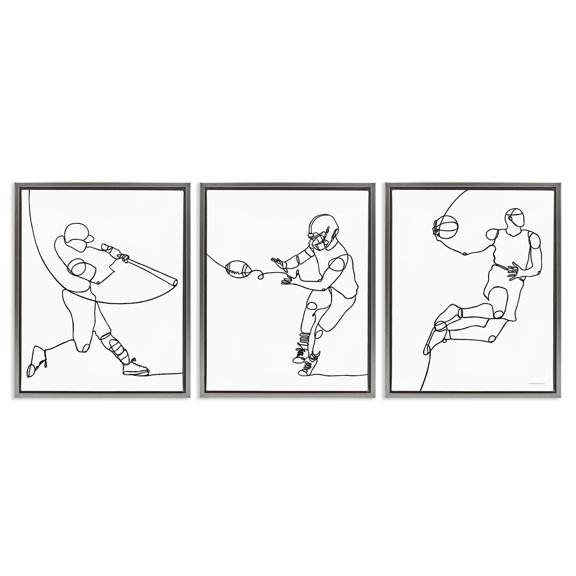 Stupell Industries Simple Line Doodle Playing Sports Sports Painting Gray Floater Framed Canvas Art Print Wall Art, 17 x 21, Set of 3
