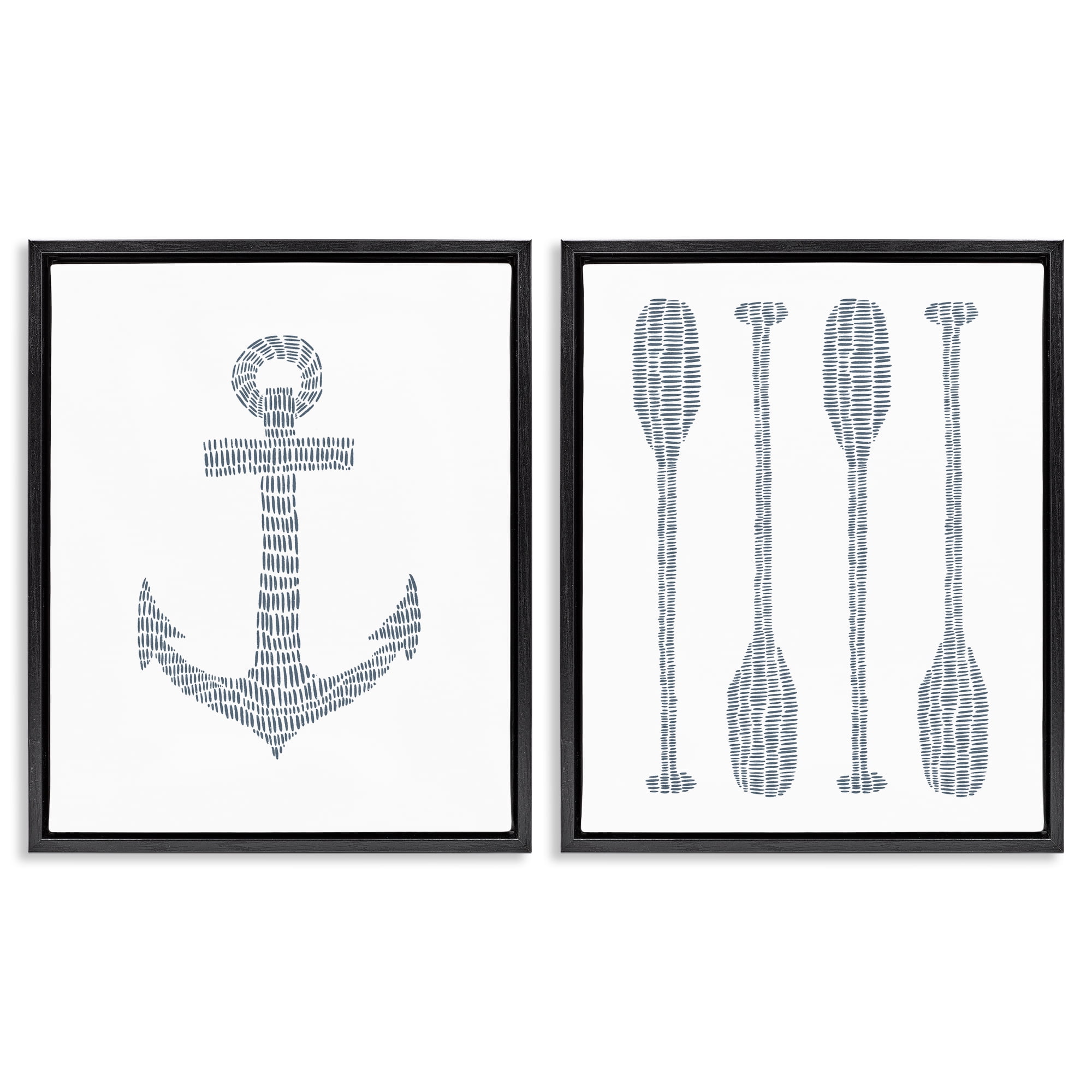 Stupell Industries Simple Lines Nautical Anchor Oars Nautical & Beach Painting Black Floater Framed Canvas Art Print Wall Art, 17 x 21, Set of 2
