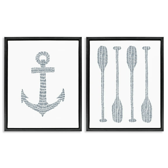 Stupell Industries Simple Lines Nautical Anchor Oars Nautical & Beach Painting Black Floater Framed Canvas Art Print Wall Art, 17 x 21, Set of 2