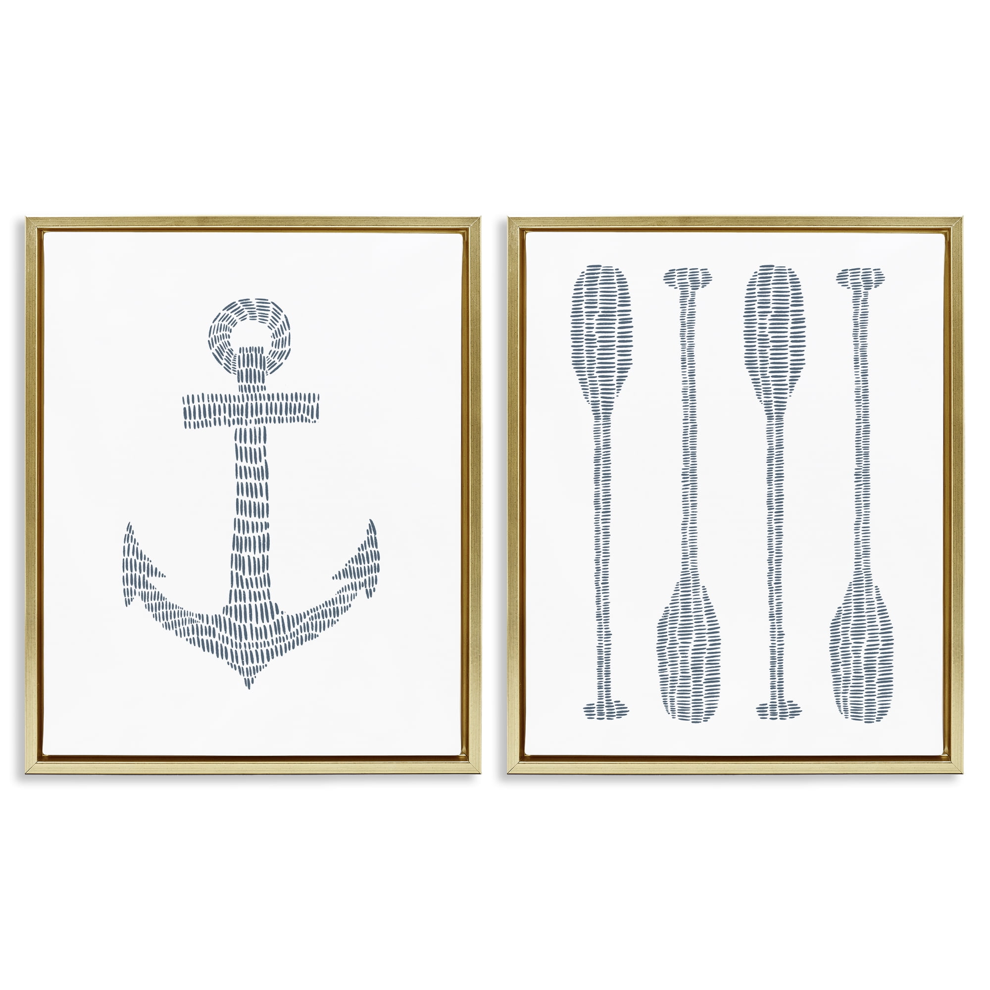 Stupell Industries Simple Lines Nautical Anchor Oars Nautical & Beach Painting Gold Floater Framed Canvas Art Print Wall Art, 31 x 25, Set of 2