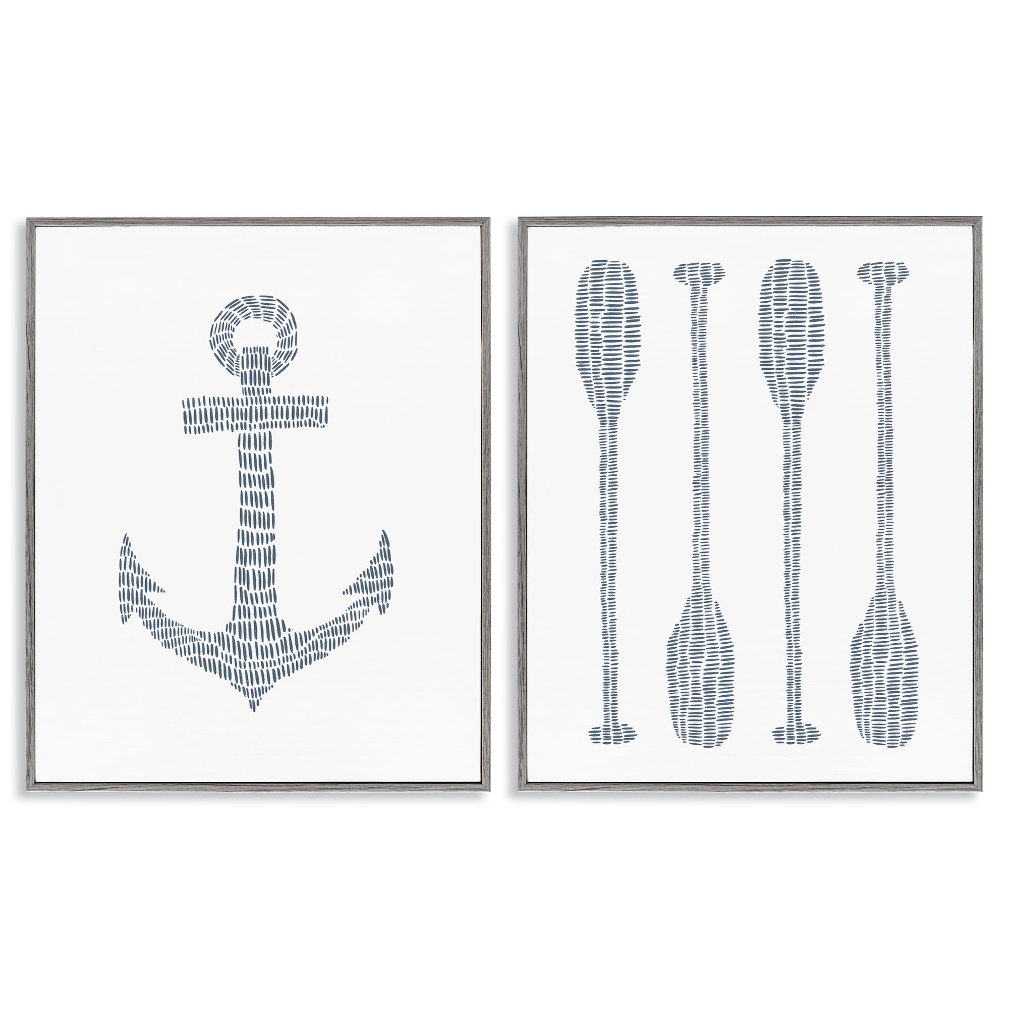 Stupell Industries Simple Lines Nautical Anchor Oars Nautical & Beach Painting Gray Framed Art Print Wall Art, 24 x 30, Set of 2