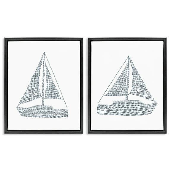 Stupell Industries Simple Lines Nautical Sailboats Nautical & Beach Painting Black Floater Framed Canvas Art Print Wall Art, 17 x 21, Set of 2