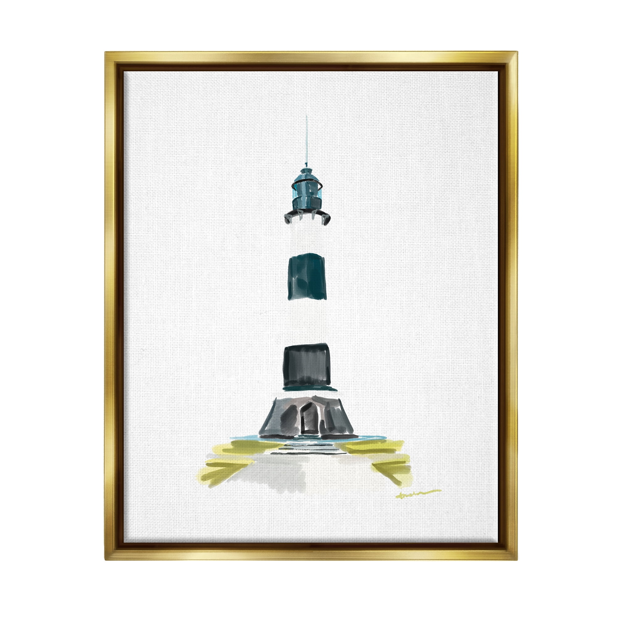 Stupell Industries Simple Modern Lighthouse Nature Painting Gold Floater Framed Art Print Wall Art, 17 x 21